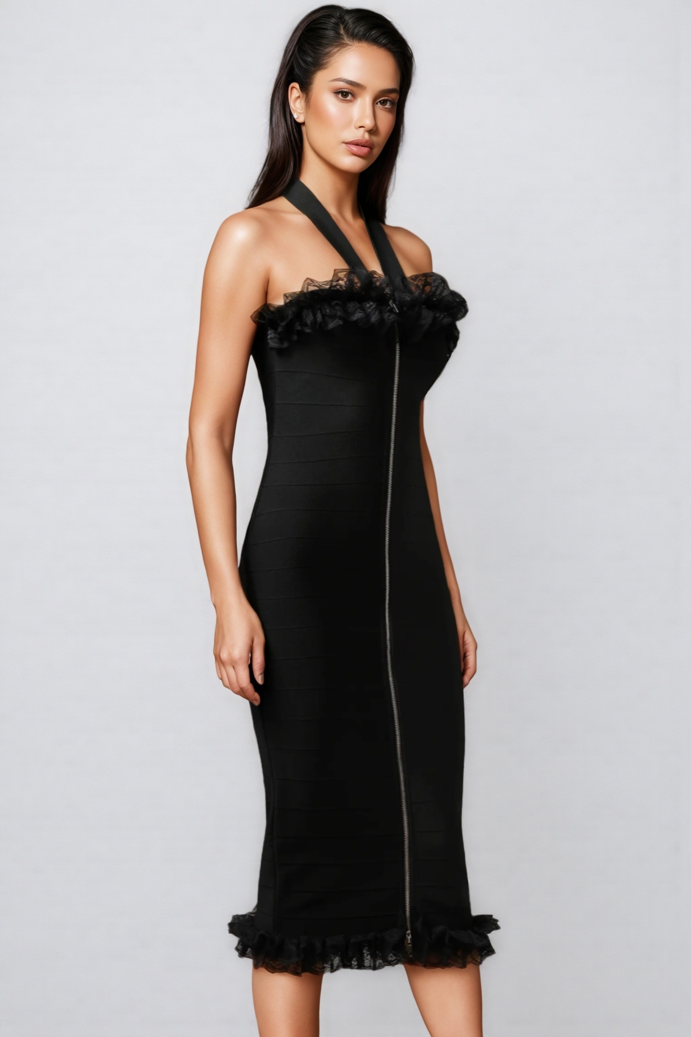 Sierra Halter Sleeveless Lace Bandage Midi Dress