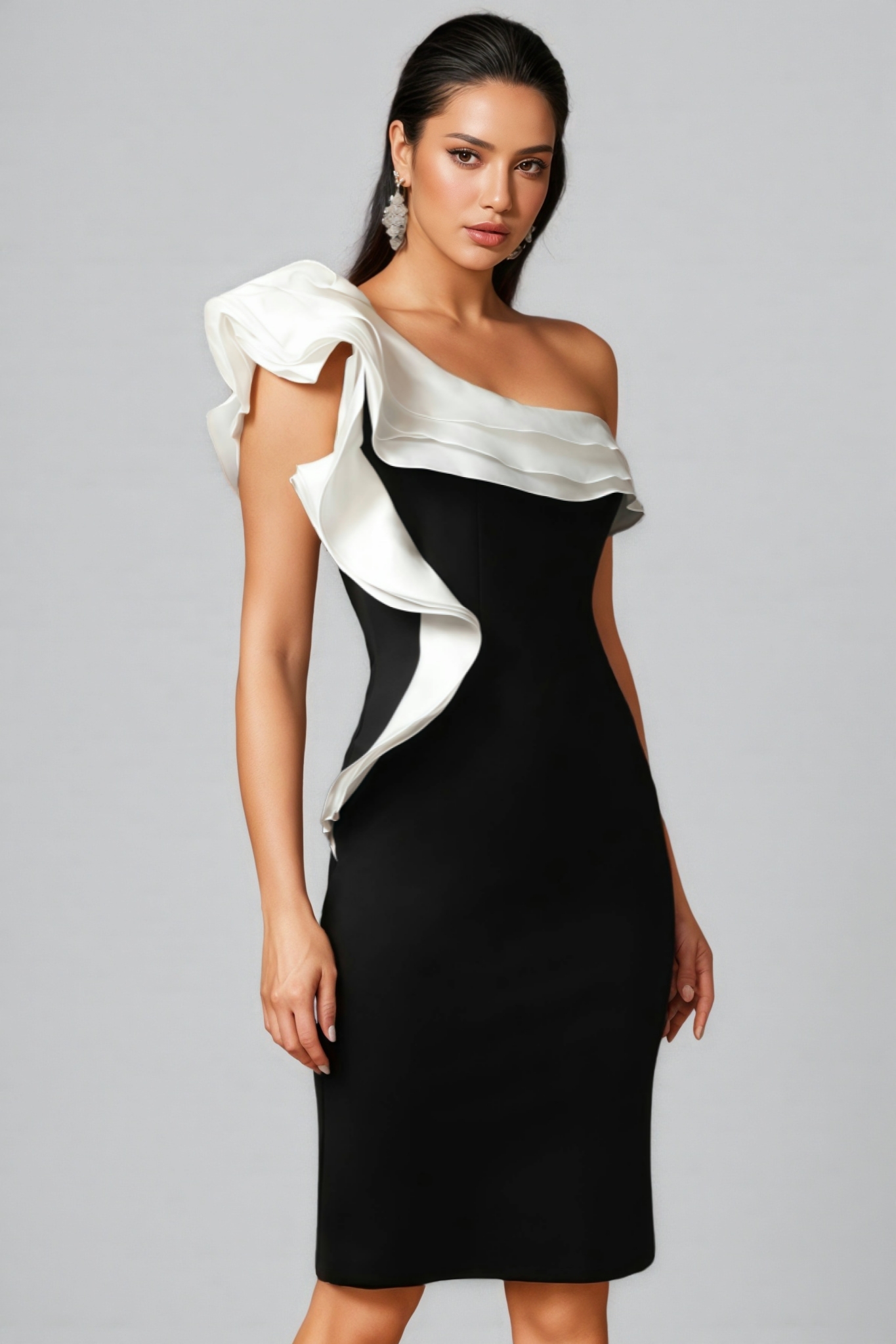 Jodinin One Shoulder Flounce Bandage Mini Dress
