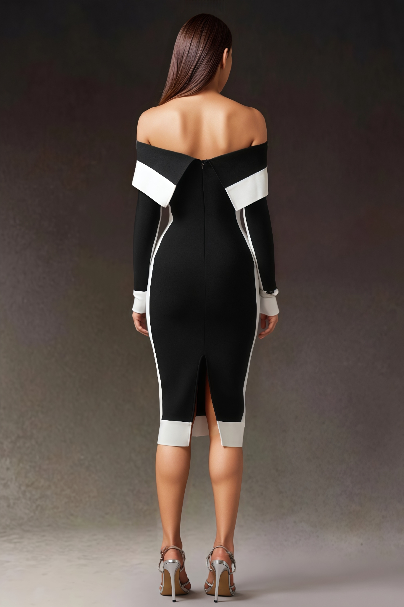 Quillarn Off Shoulder Long Sleeves Stripes Bandage Midi Dress