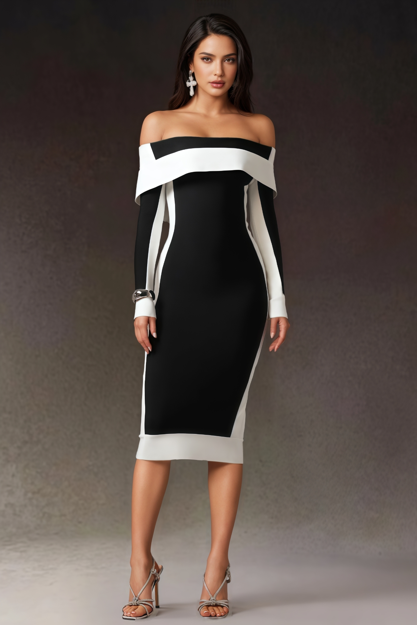 Quillarn Off Shoulder Long Sleeves Stripes Bandage Midi Dress
