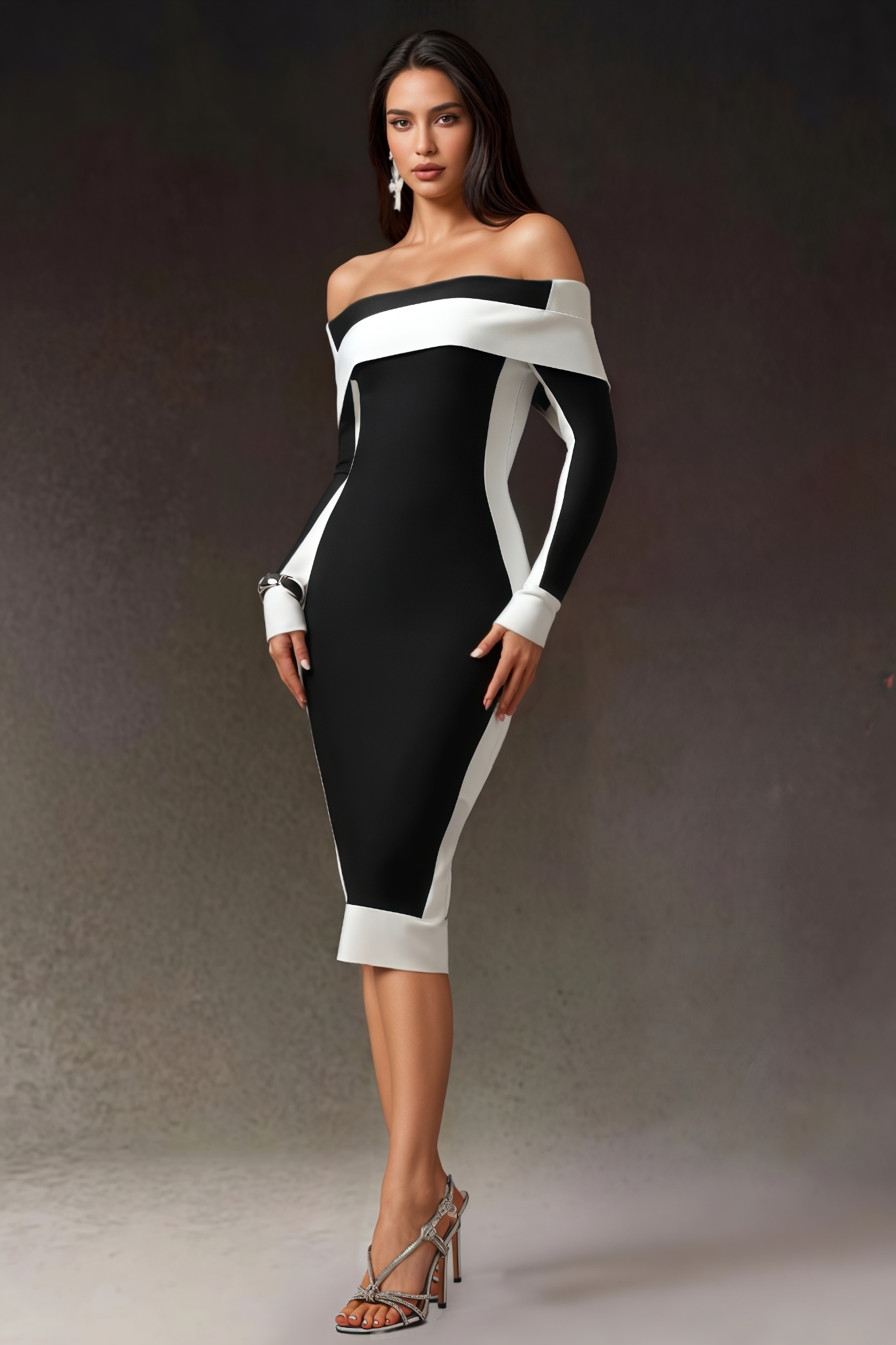 Quillarn Off Shoulder Long Sleeves Stripes Bandage Midi Dress