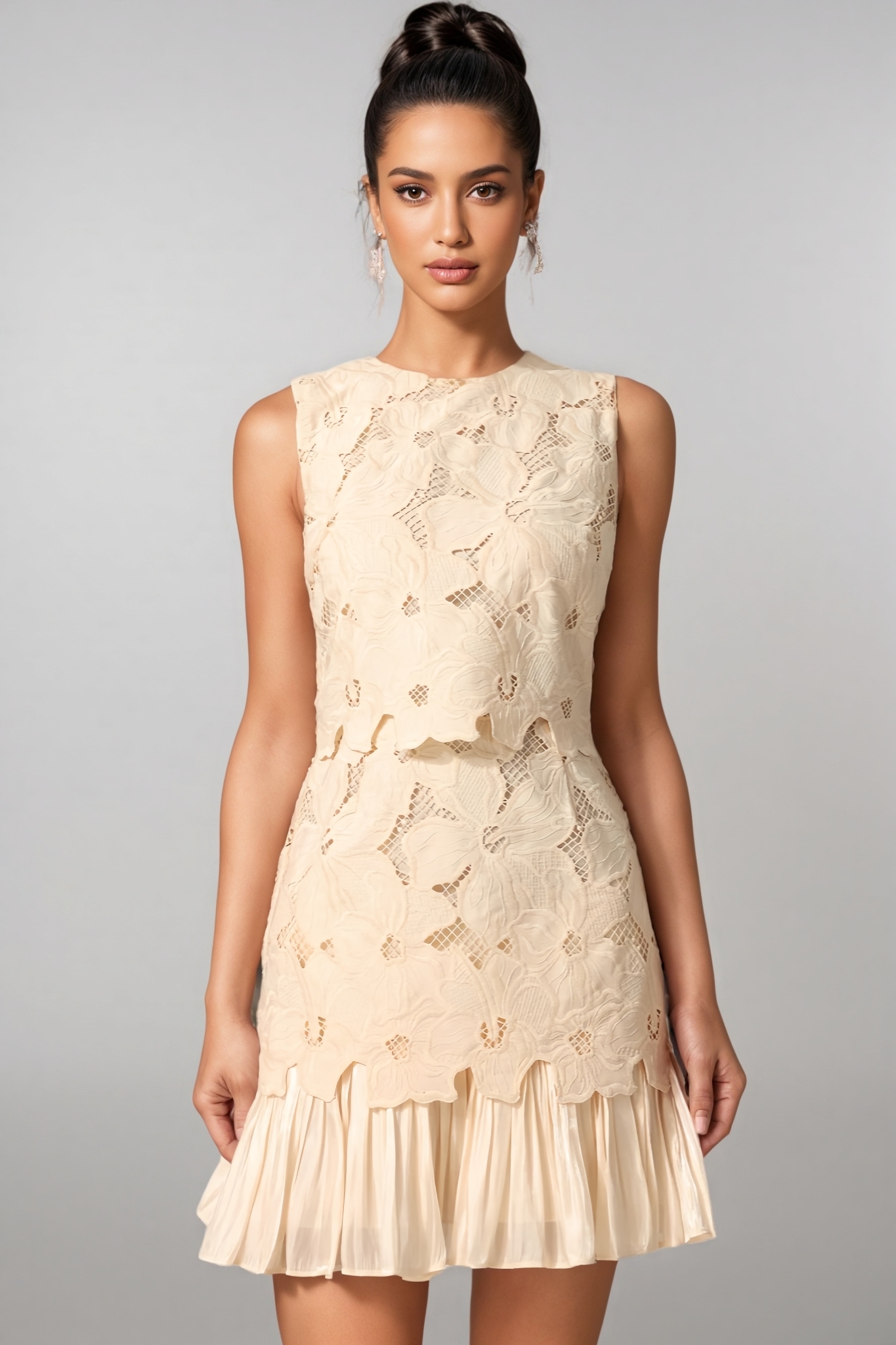 Rorat Beige Sleeveless Lace Mini Dress