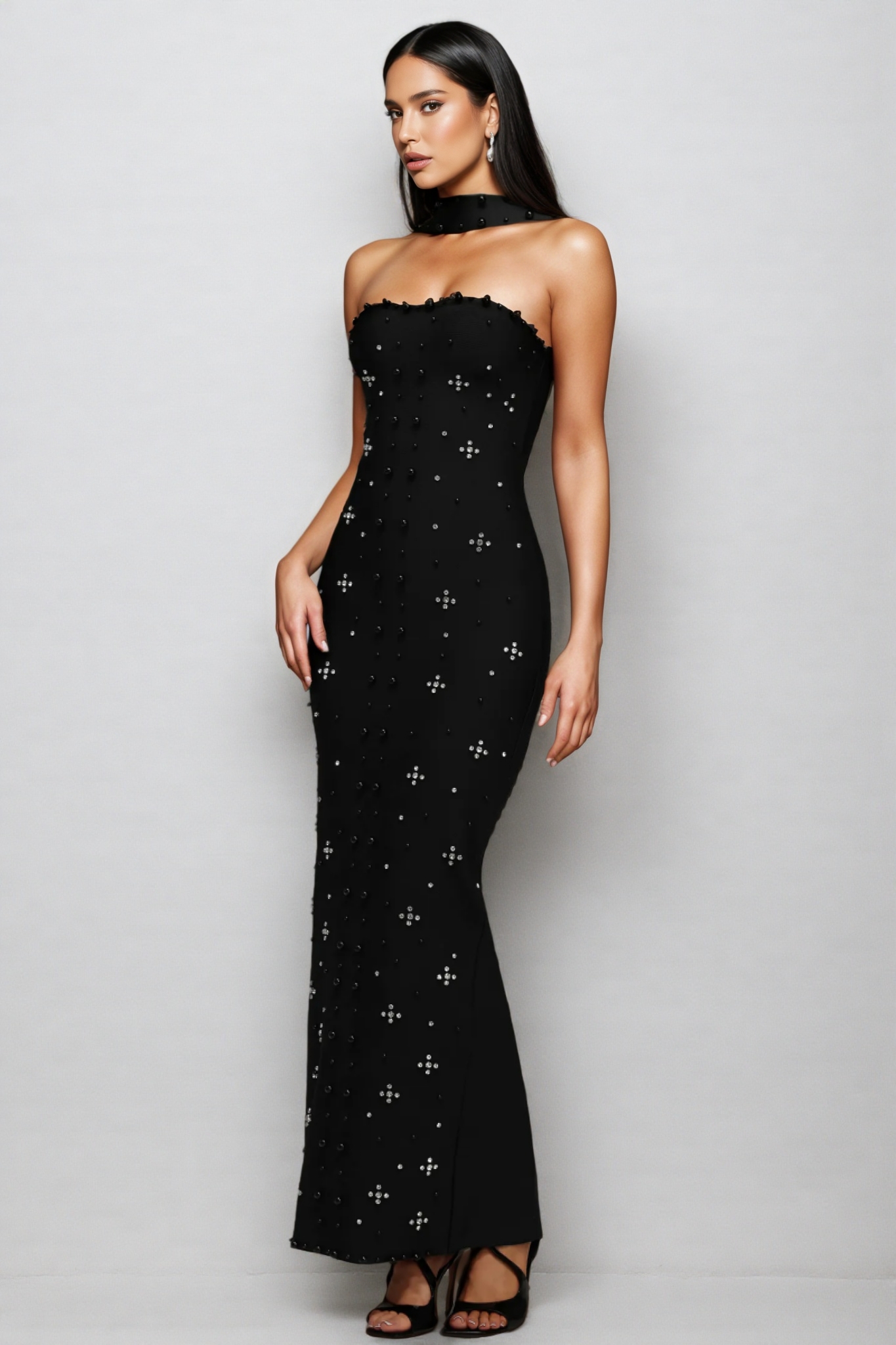 Nyralk Sleeveless Pearl Bandage Maxi Dress