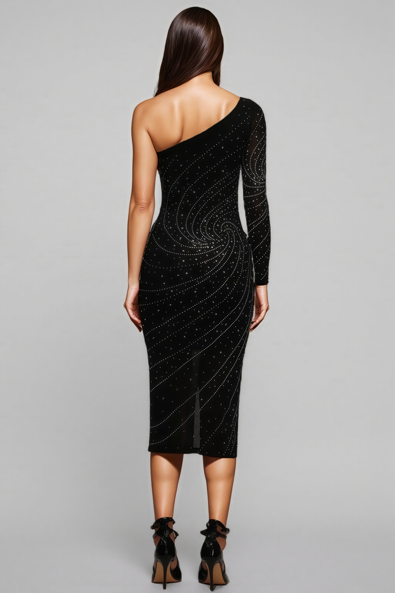 Tine Single Shoulder Long Sleeves Diamond Midi Dress