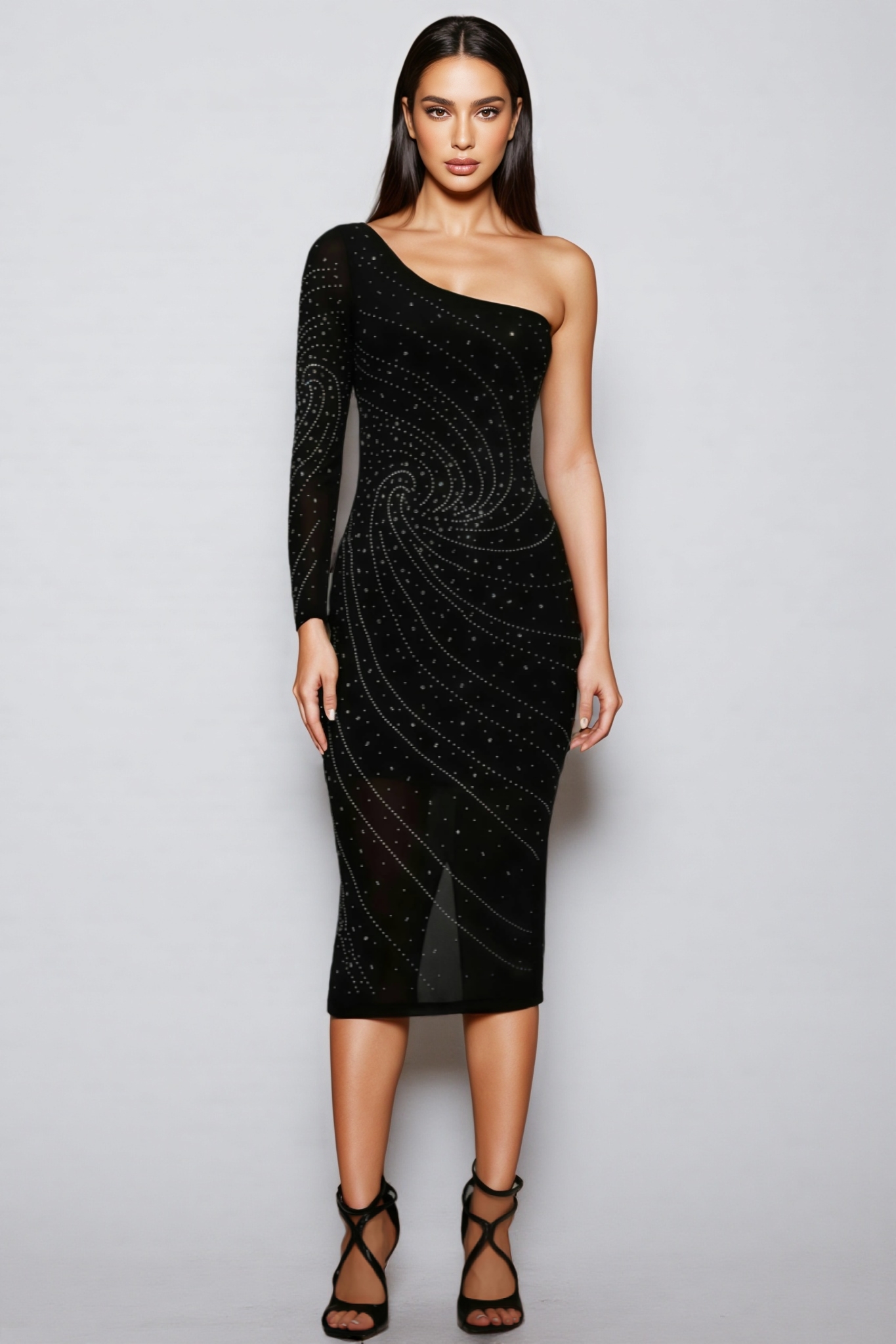 Tine Single Shoulder Long Sleeves Diamond Midi Dress