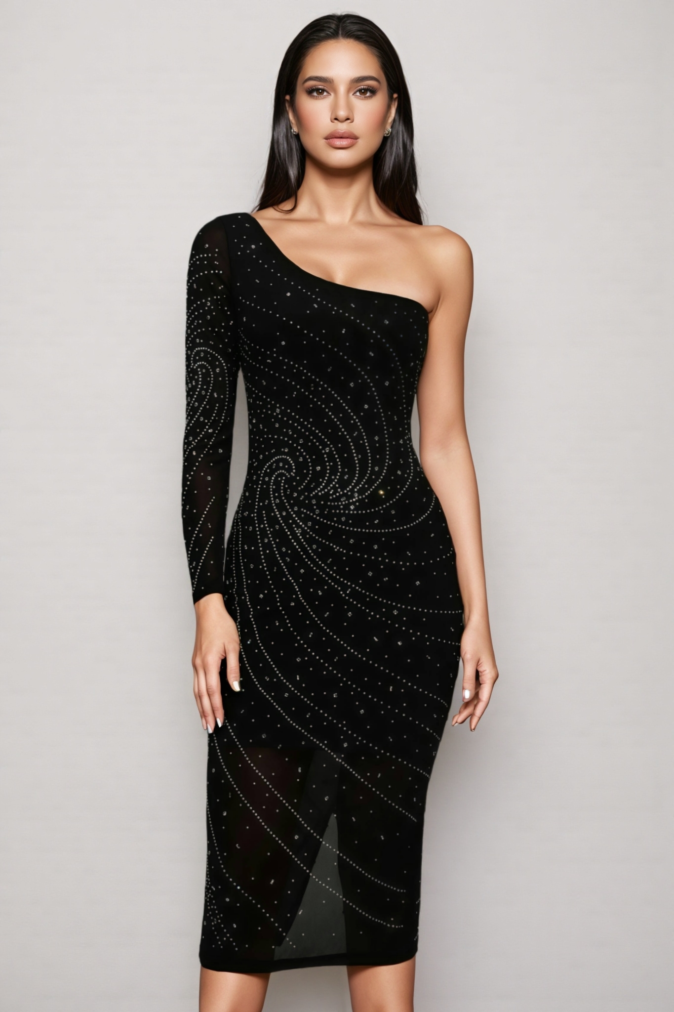 Tine Single Shoulder Long Sleeves Diamond Midi Dress