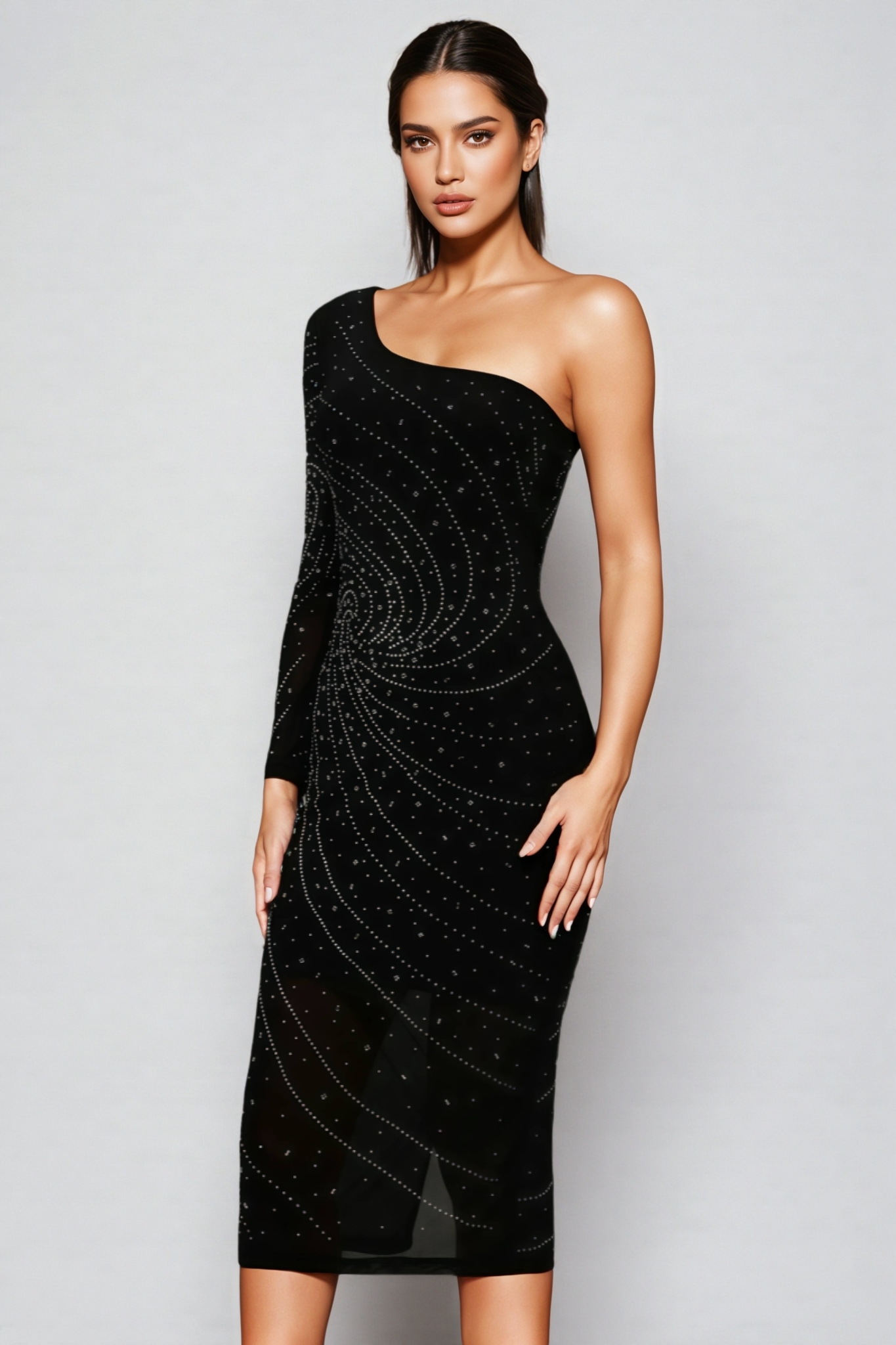 Tine Single Shoulder Long Sleeves Diamond Midi Dress