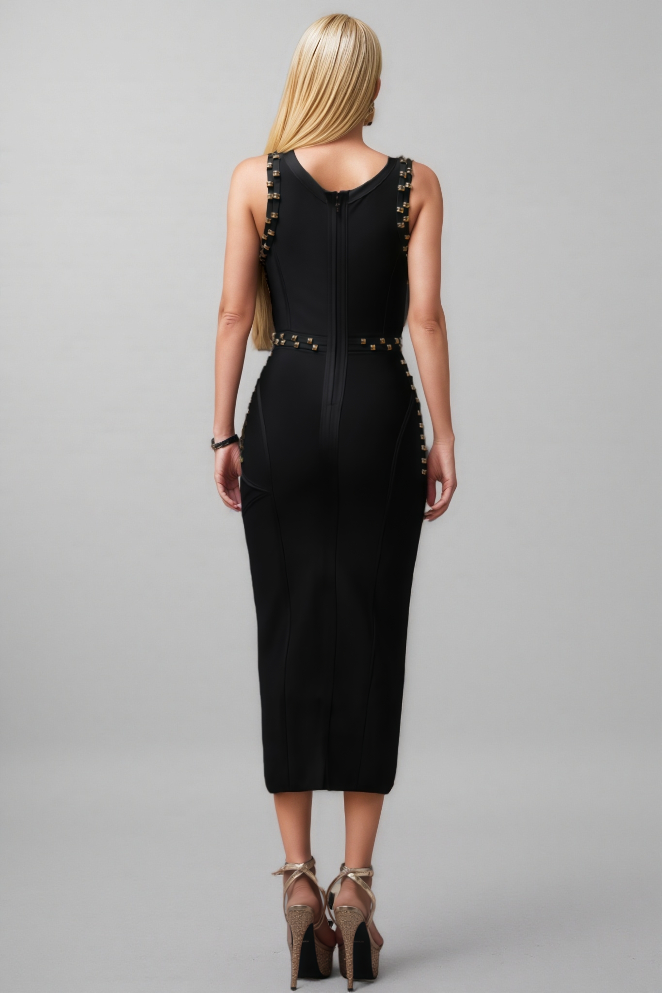 Saniyah Round Neck Sleeveless Rivet Bandage Midi Dress