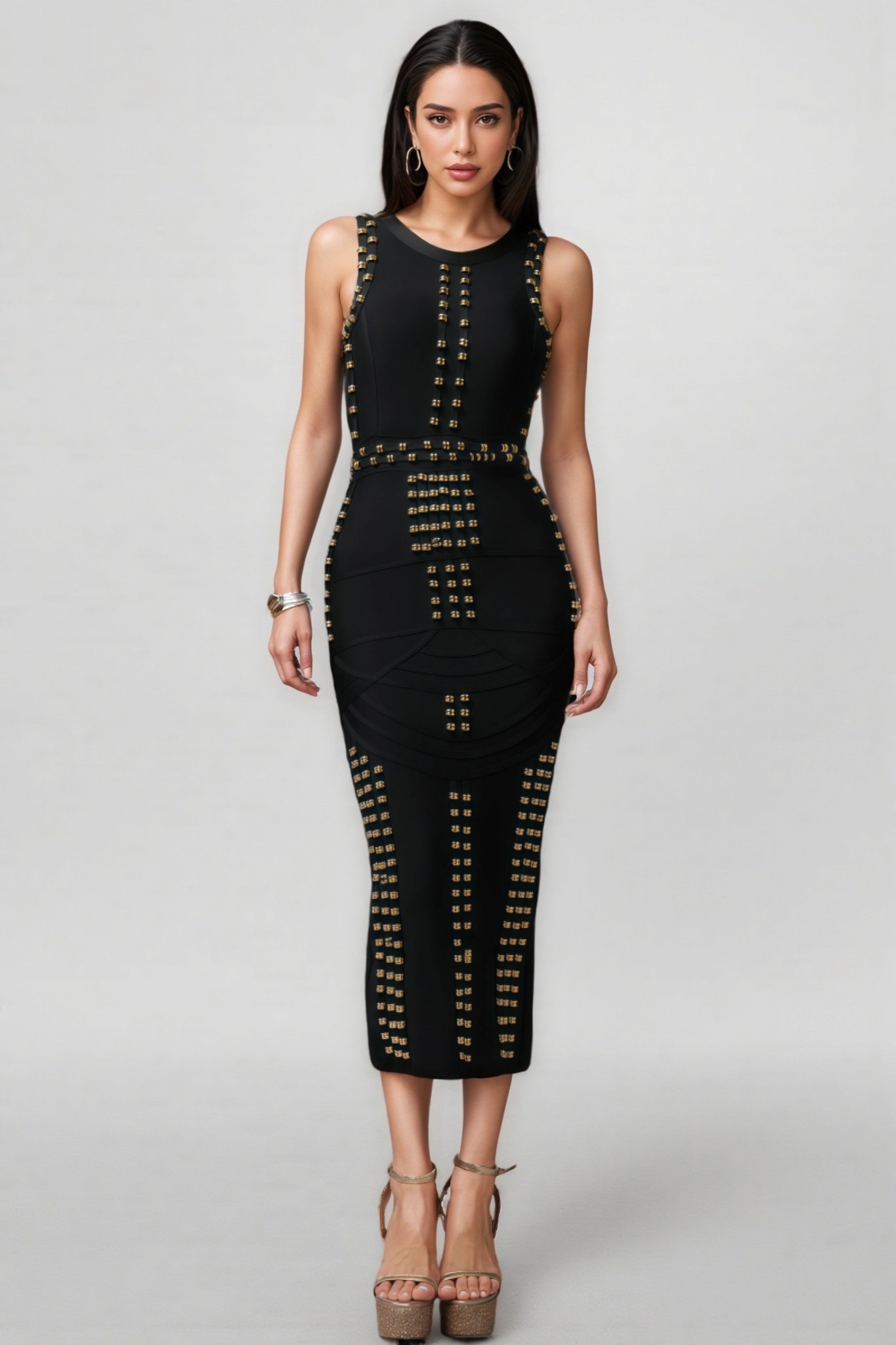 Saniyah Round Neck Sleeveless Rivet Bandage Midi Dress