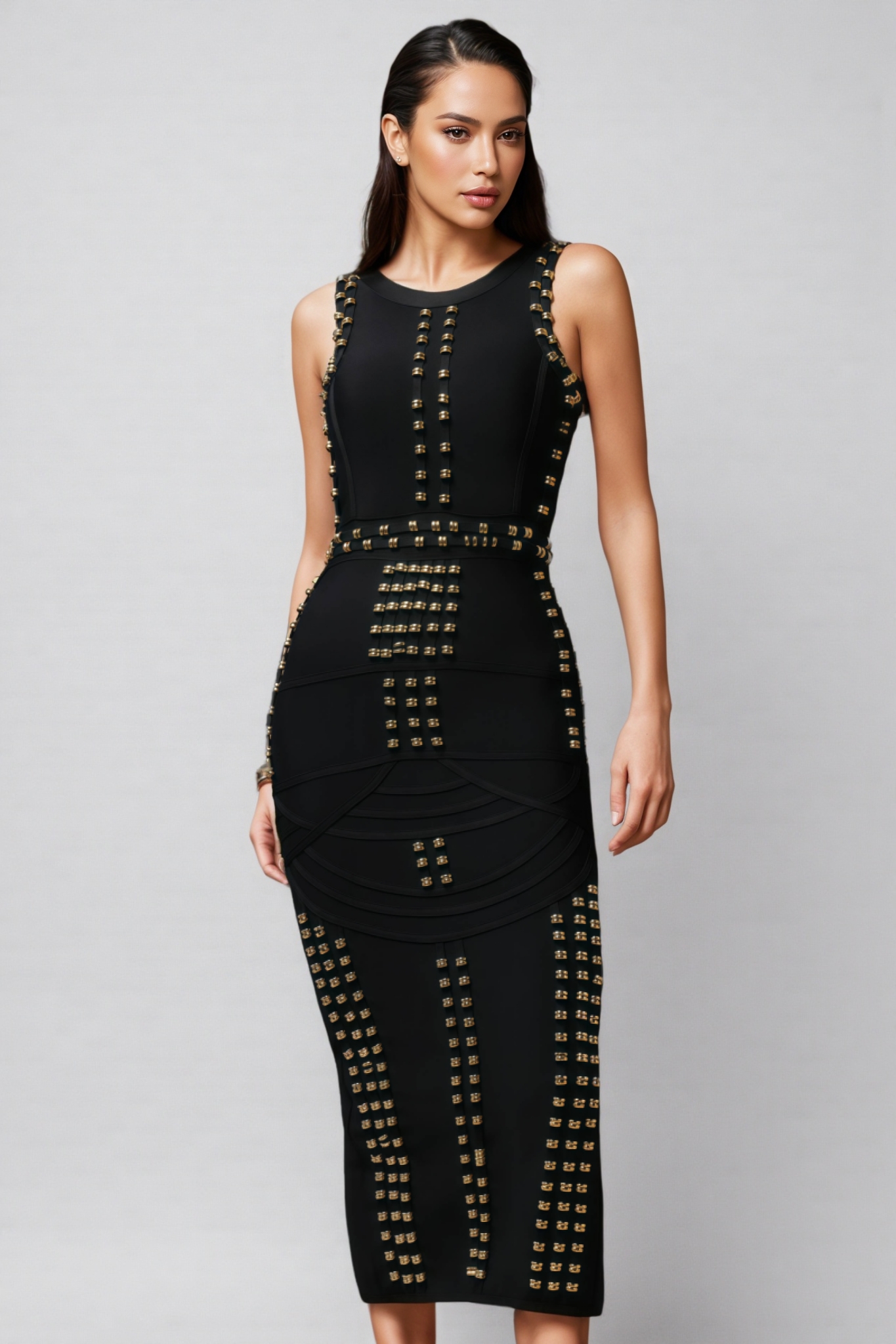 Saniyah Round Neck Sleeveless Rivet Bandage Midi Dress