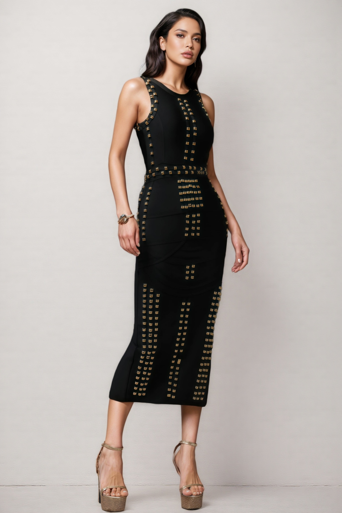 Saniyah Round Neck Sleeveless Rivet Bandage Midi Dress