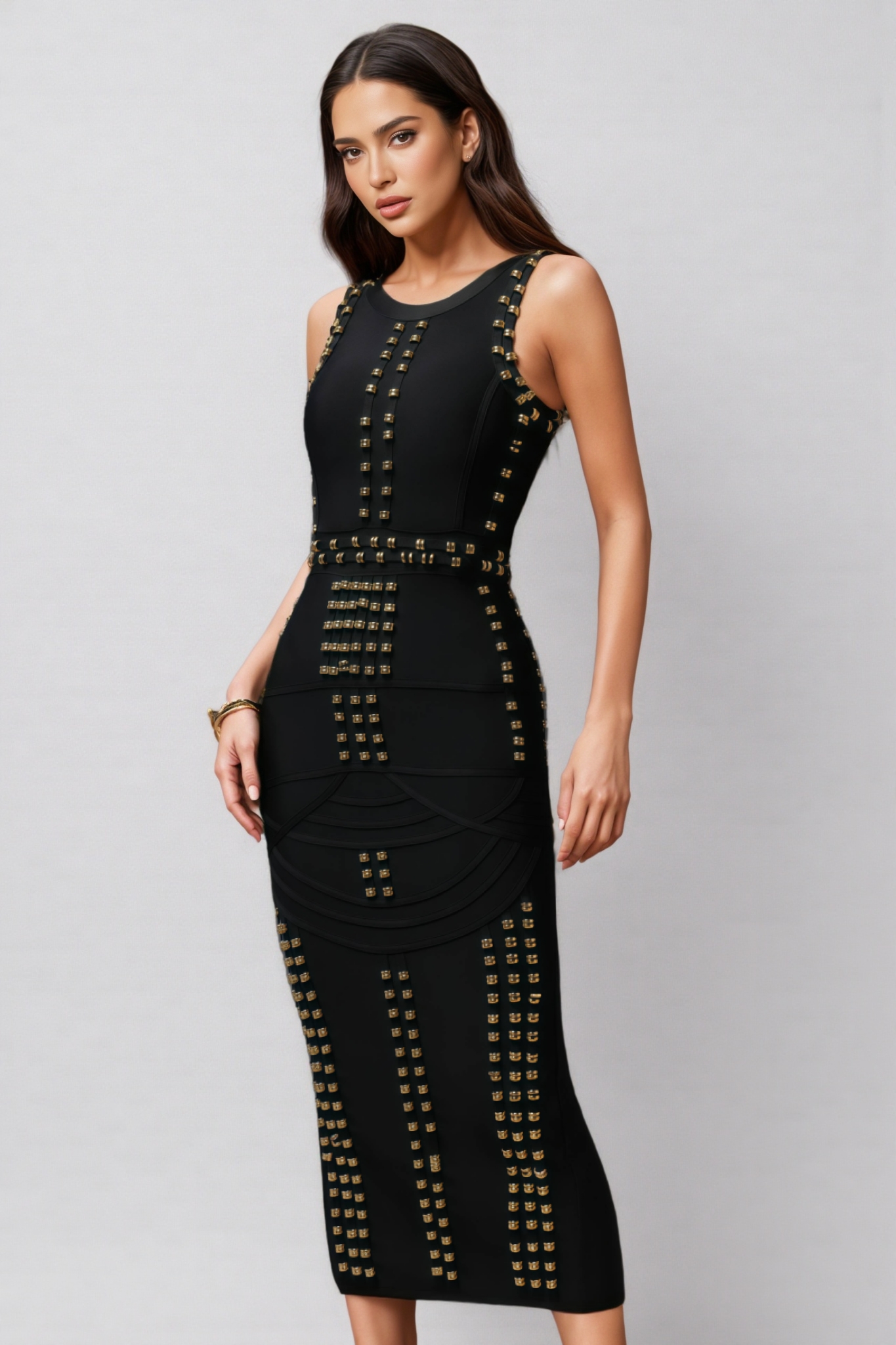 Saniyah Round Neck Sleeveless Rivet Bandage Midi Dress