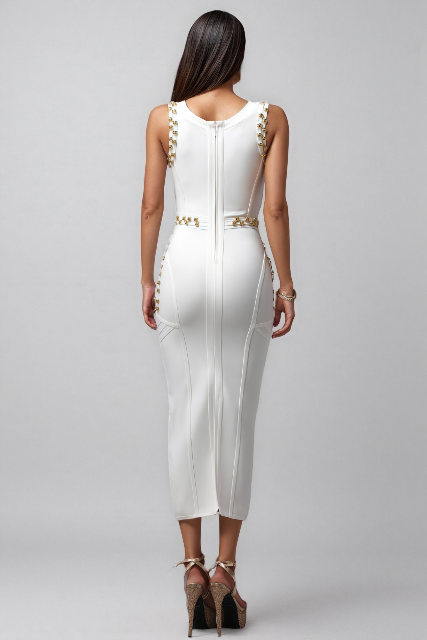 Peyton Round Neck Sleeveless Rivet Bandage Midi Dress