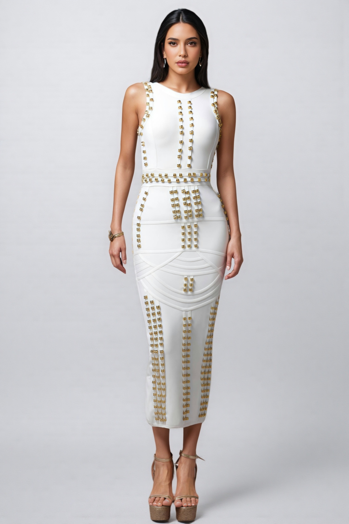 Peyton Round Neck Sleeveless Rivet Bandage Midi Dress