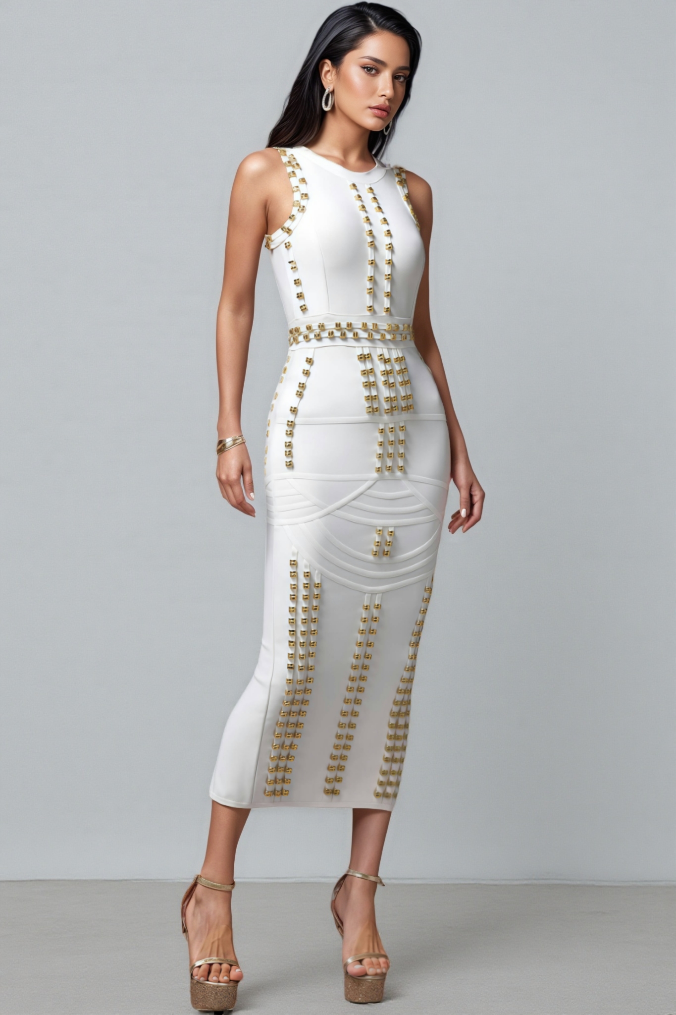 Peyton Round Neck Sleeveless Rivet Bandage Midi Dress