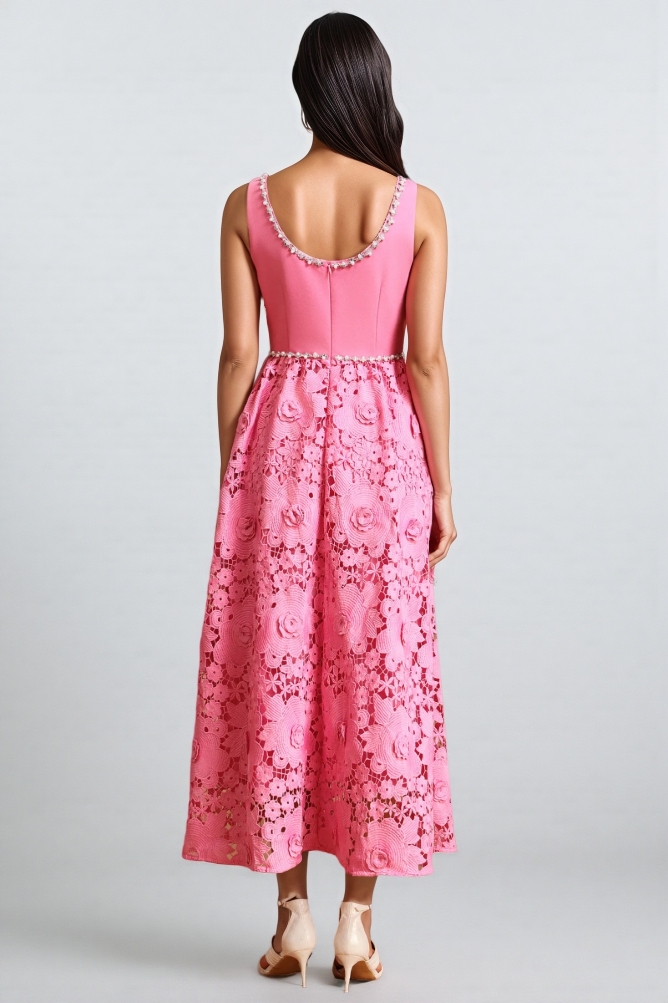 Okama Square Collar Diamond Lace Maxi Dress