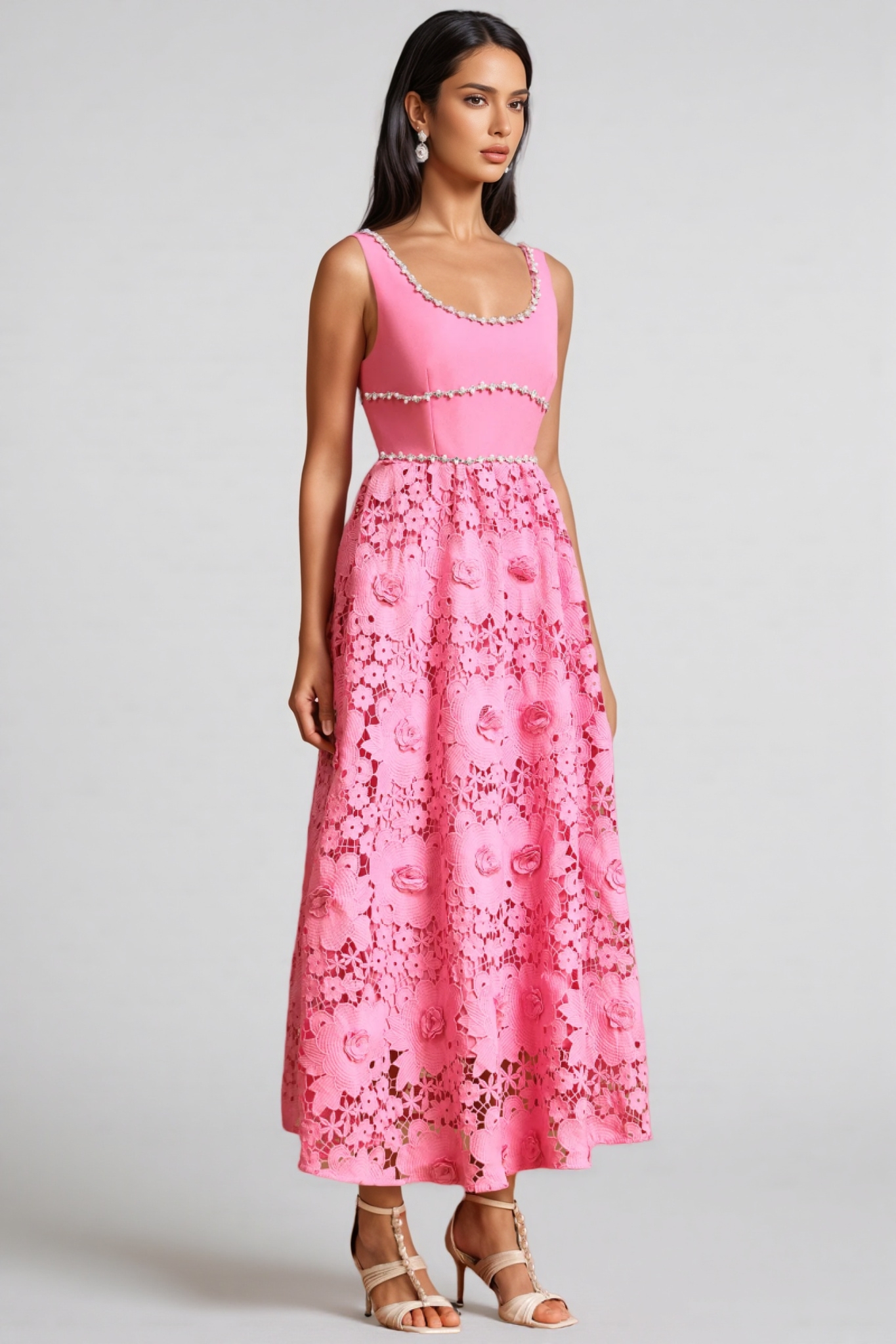 Okama Square Collar Diamond Lace Maxi Dress