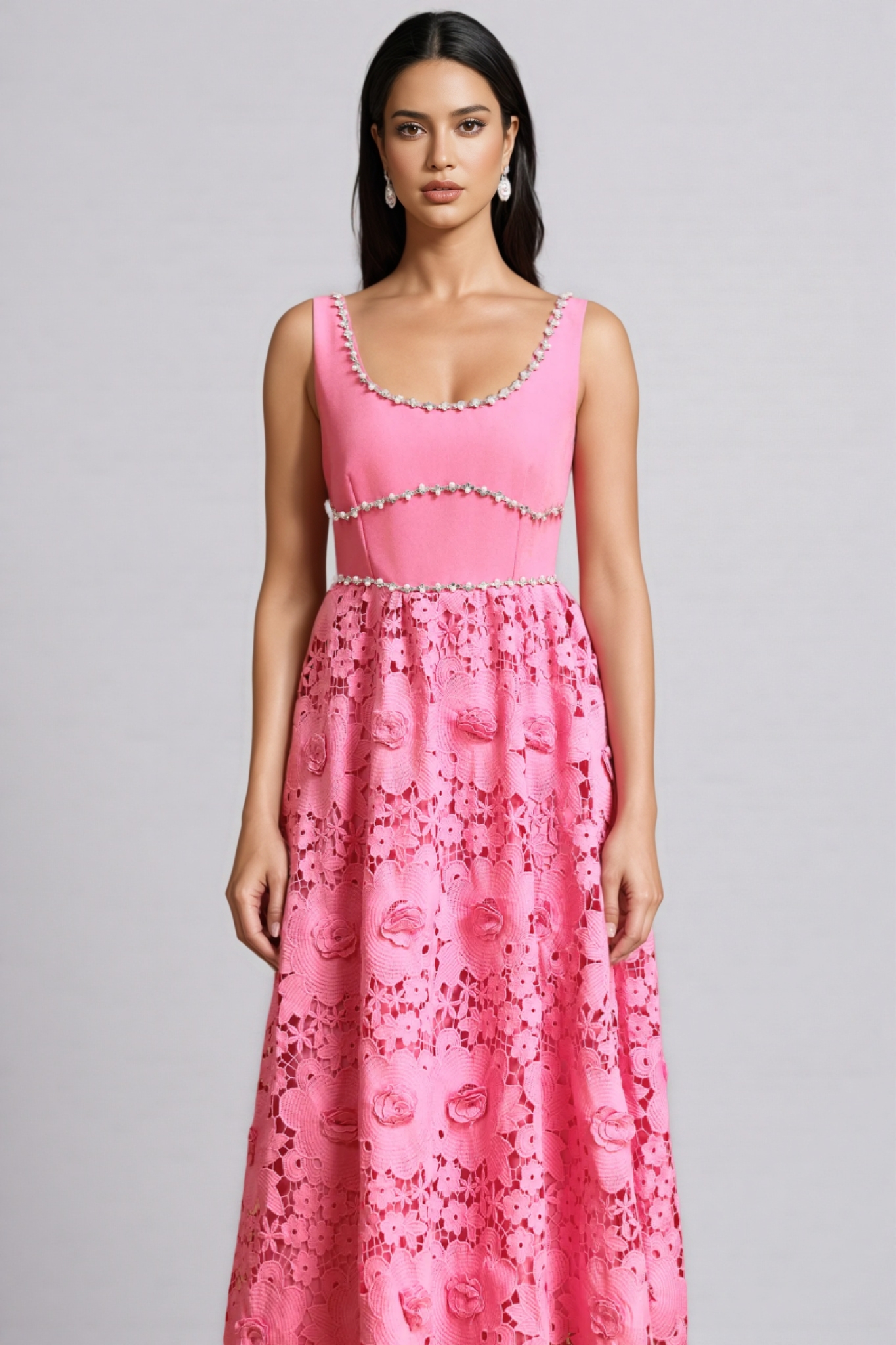 Okama Square Collar Diamond Lace Maxi Dress