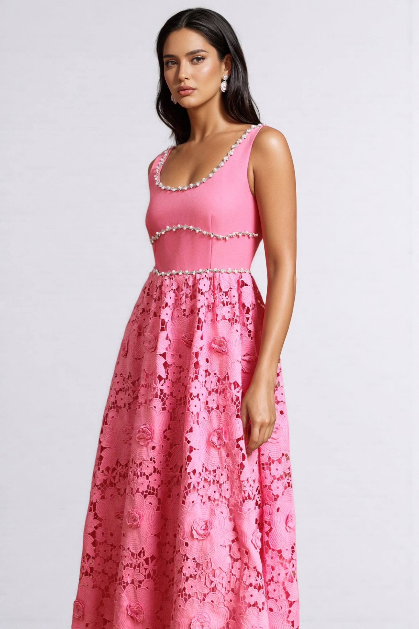 Okama Square Collar Diamond Lace Maxi Dress