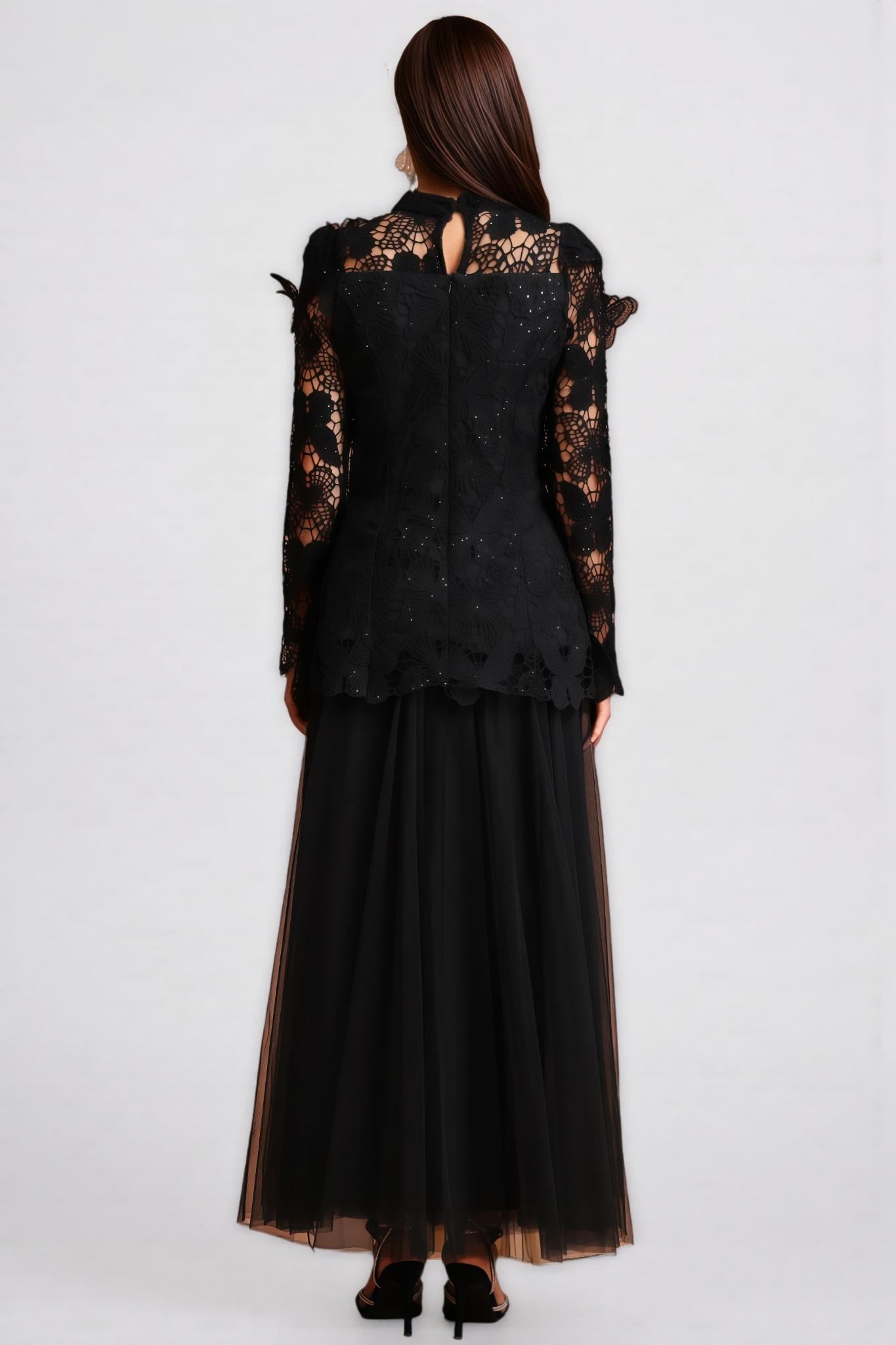 Gaki Long Sleeve Folds Lace Butterfly Maxi Dress Set