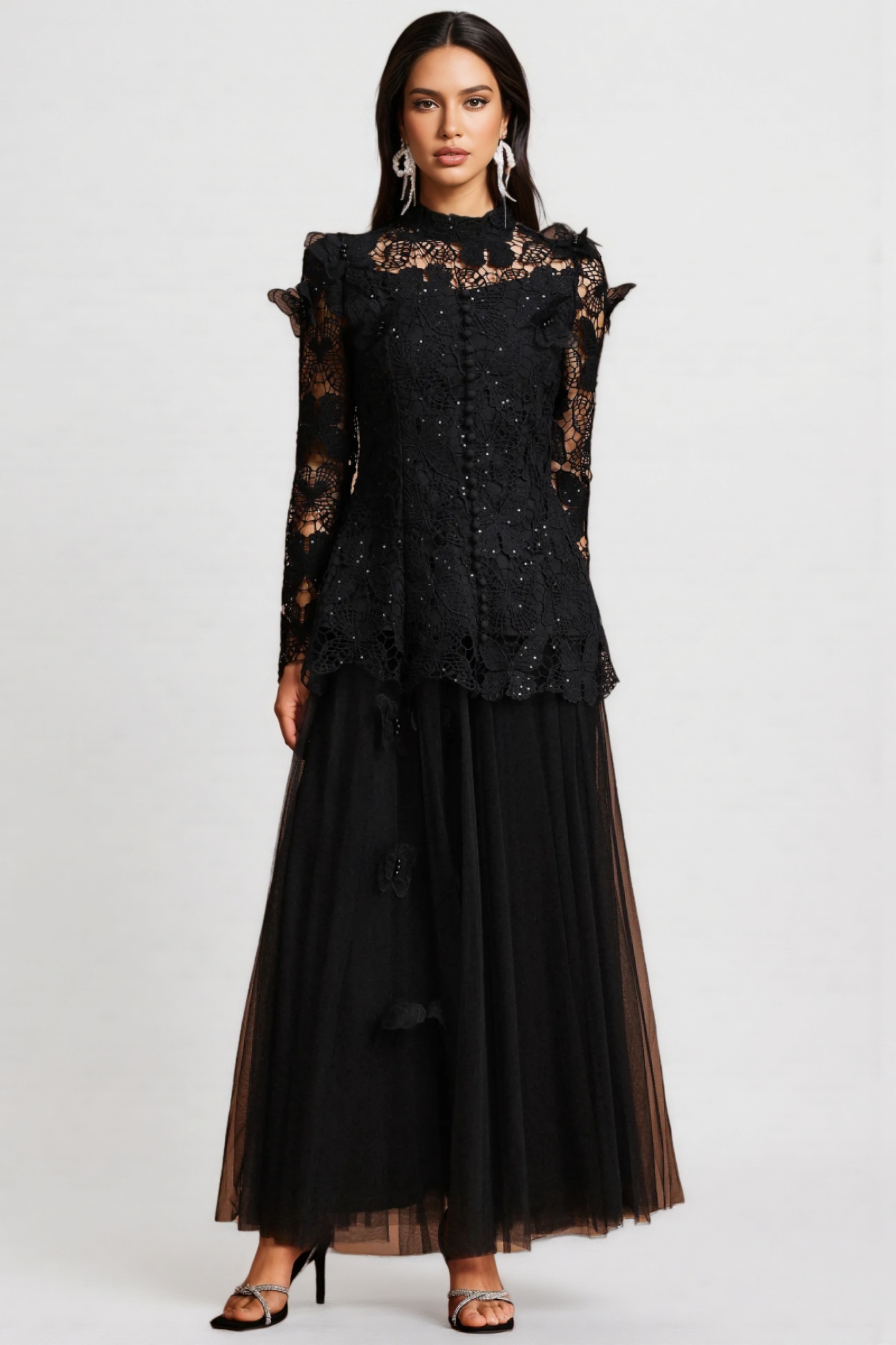 Gaki Long Sleeve Folds Lace Butterfly Maxi Dress Set