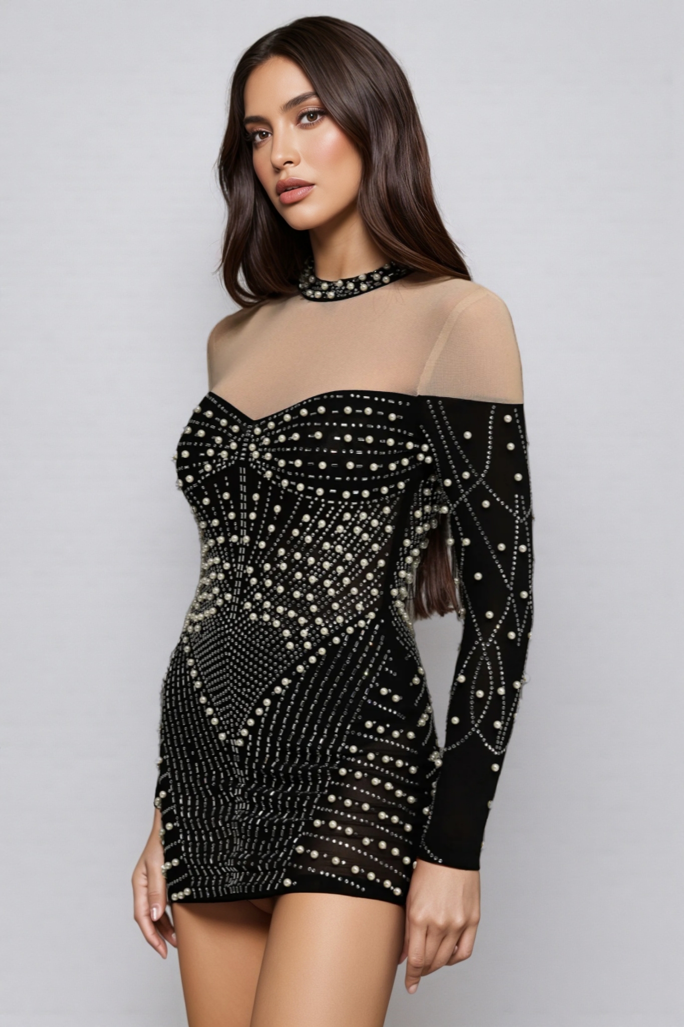 Lousia Long Sleeves Diamond Pearl Mini Dress