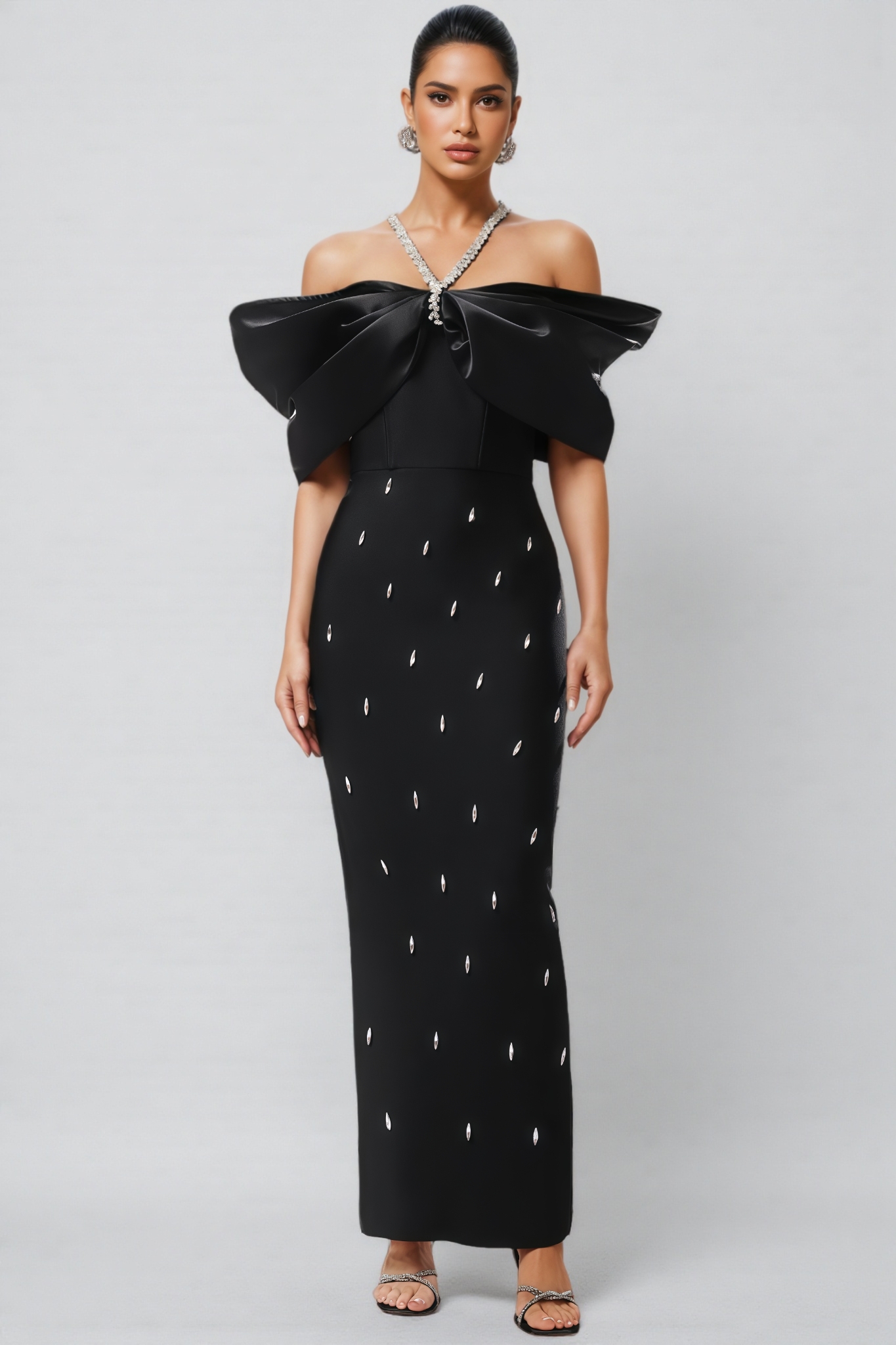 Wenra Black Rhinestone Maxi Dress