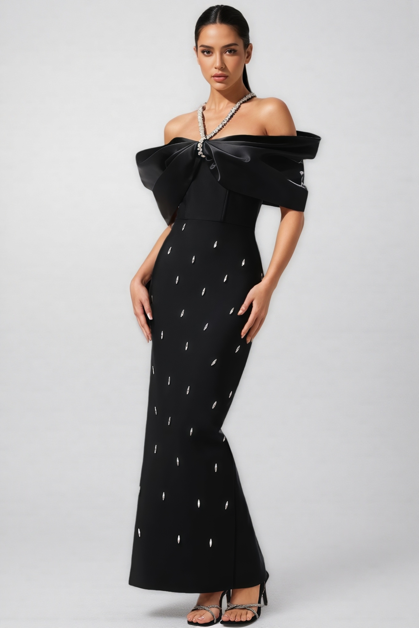 Wenra Black Rhinestone Maxi Dress
