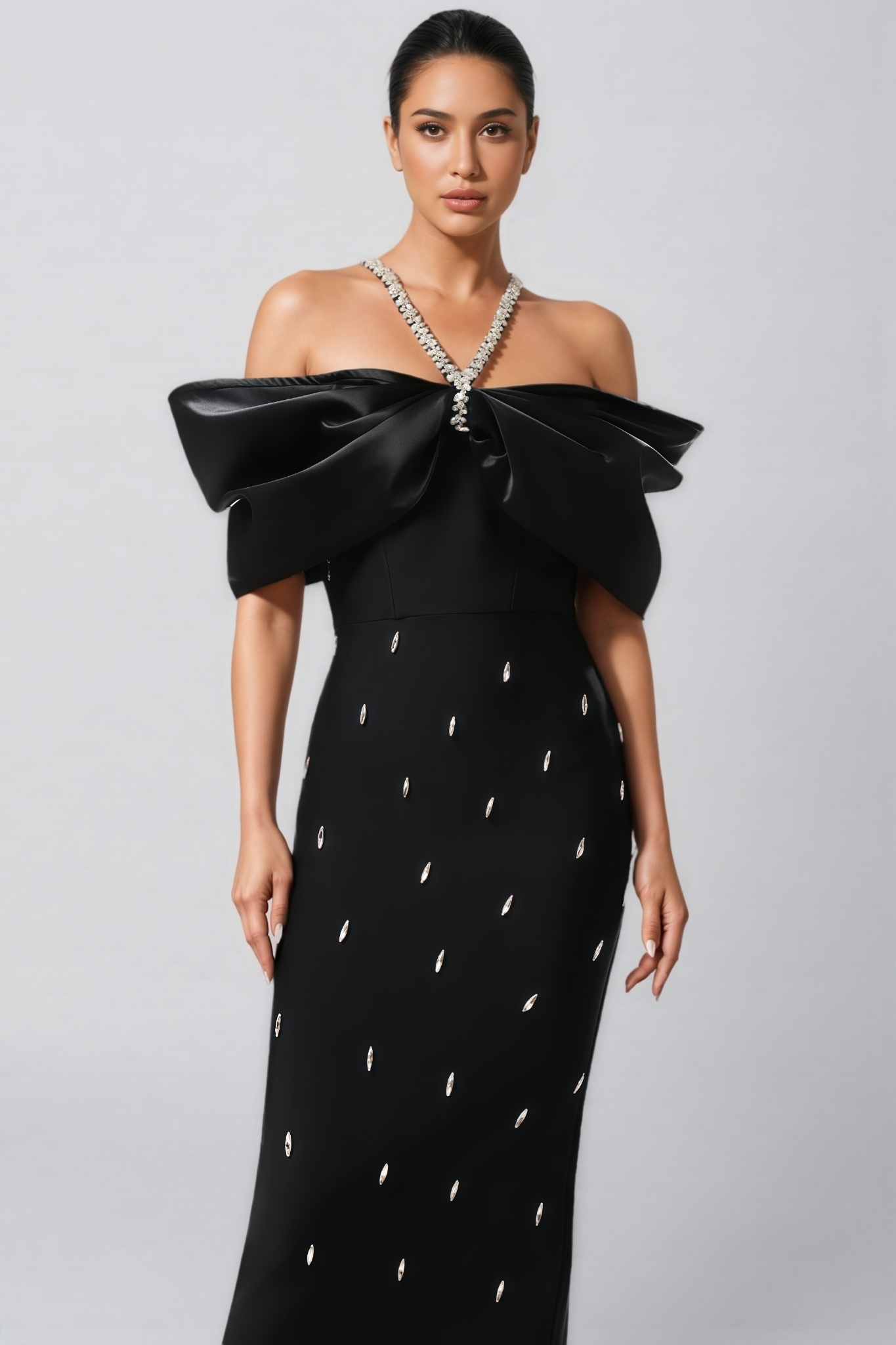 Wenra Black Rhinestone Maxi Dress