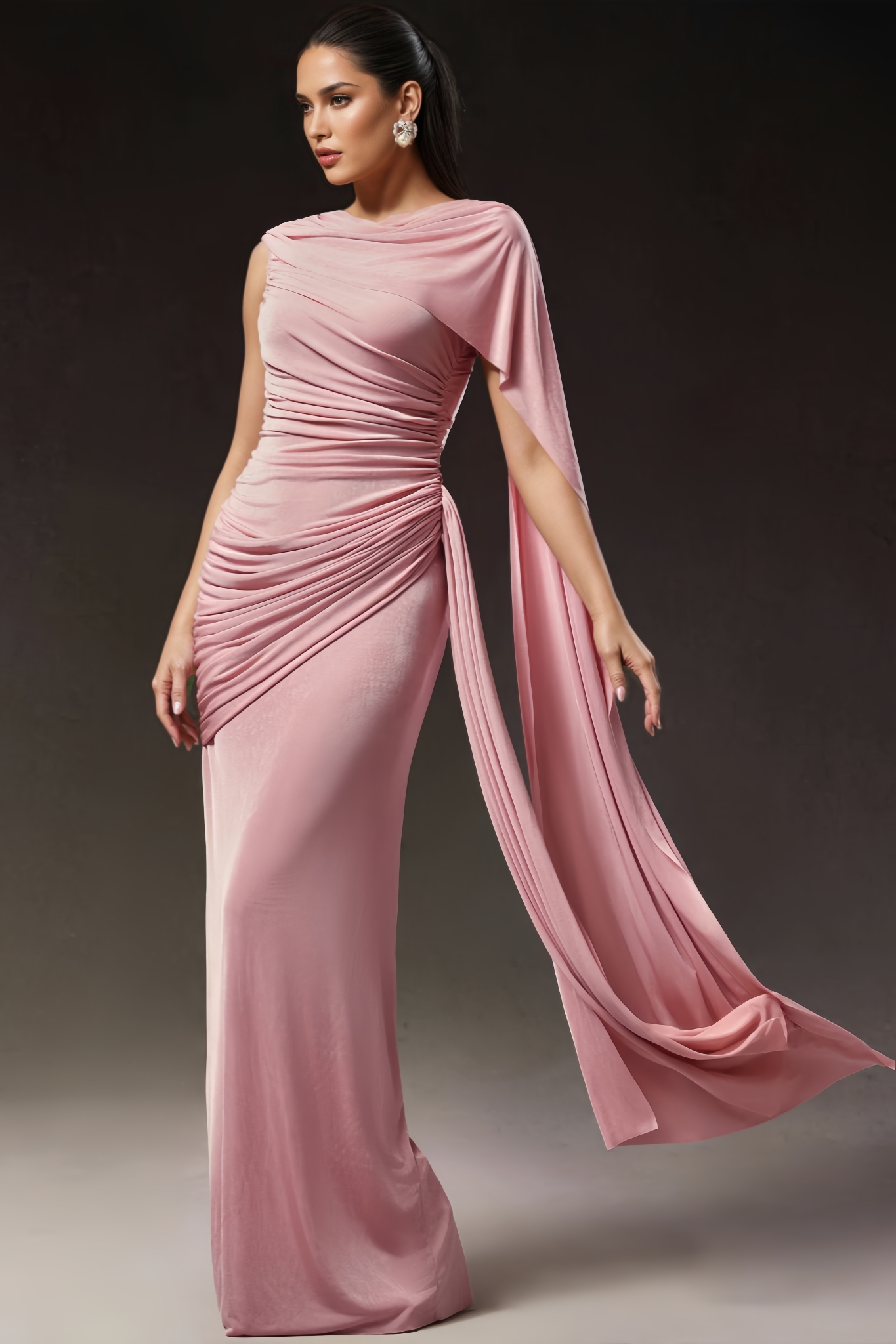 Hva Pink One Shoulder Draped Maxi Dress