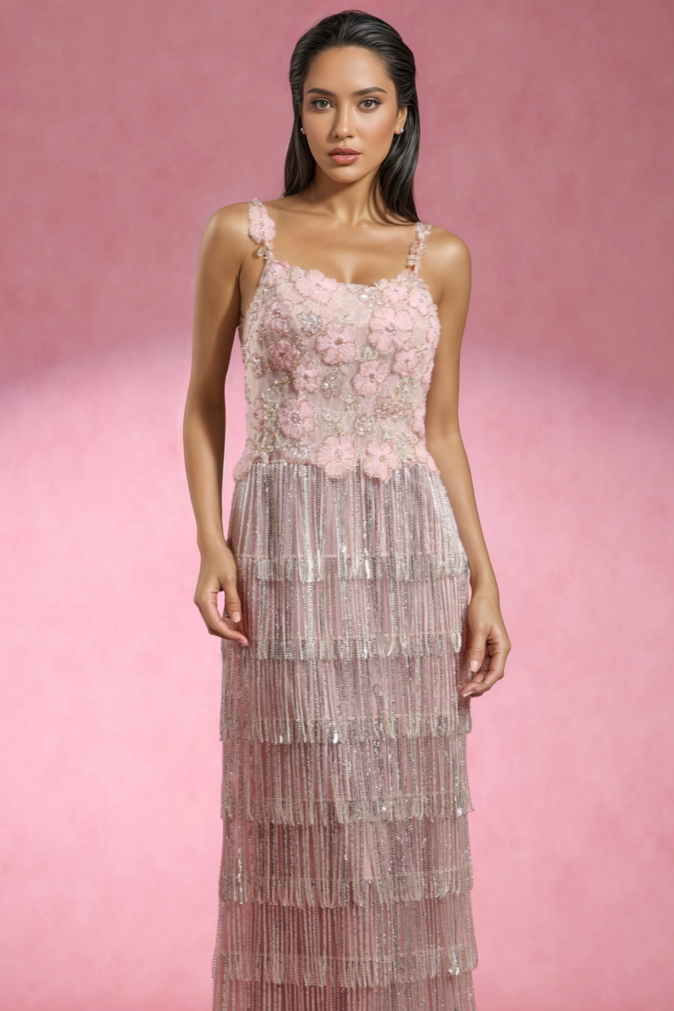 Paca Sleeveless Flowers Diamond Tassels Maxi Dress