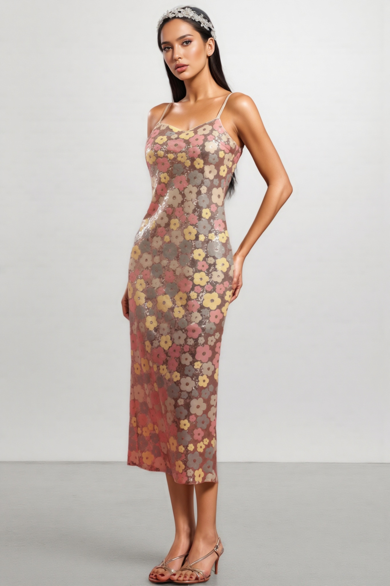 Galdrix Sleeveless Flowers Sequin Maxi Dress