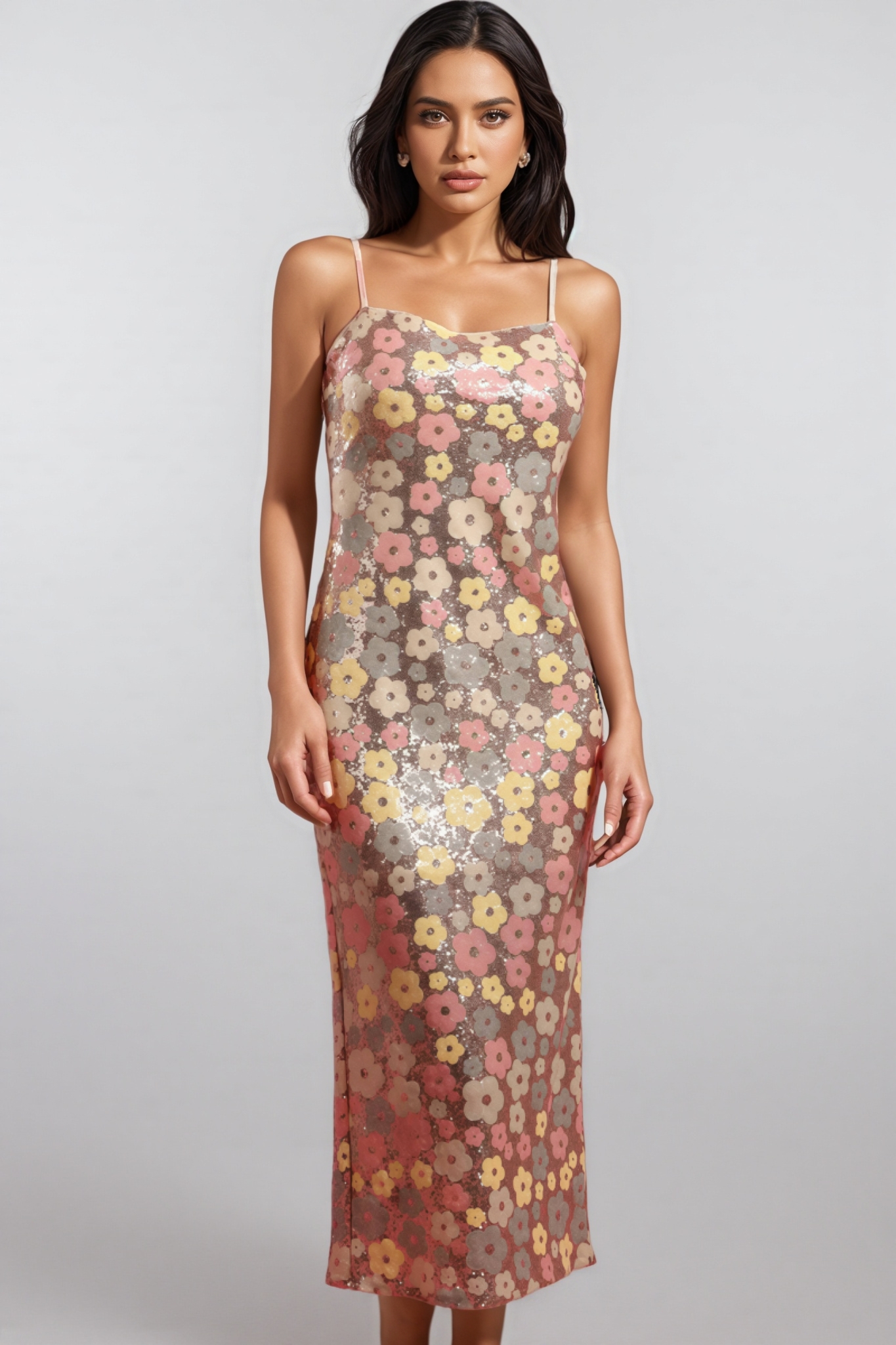 Galdrix Sleeveless Flowers Sequin Maxi Dress