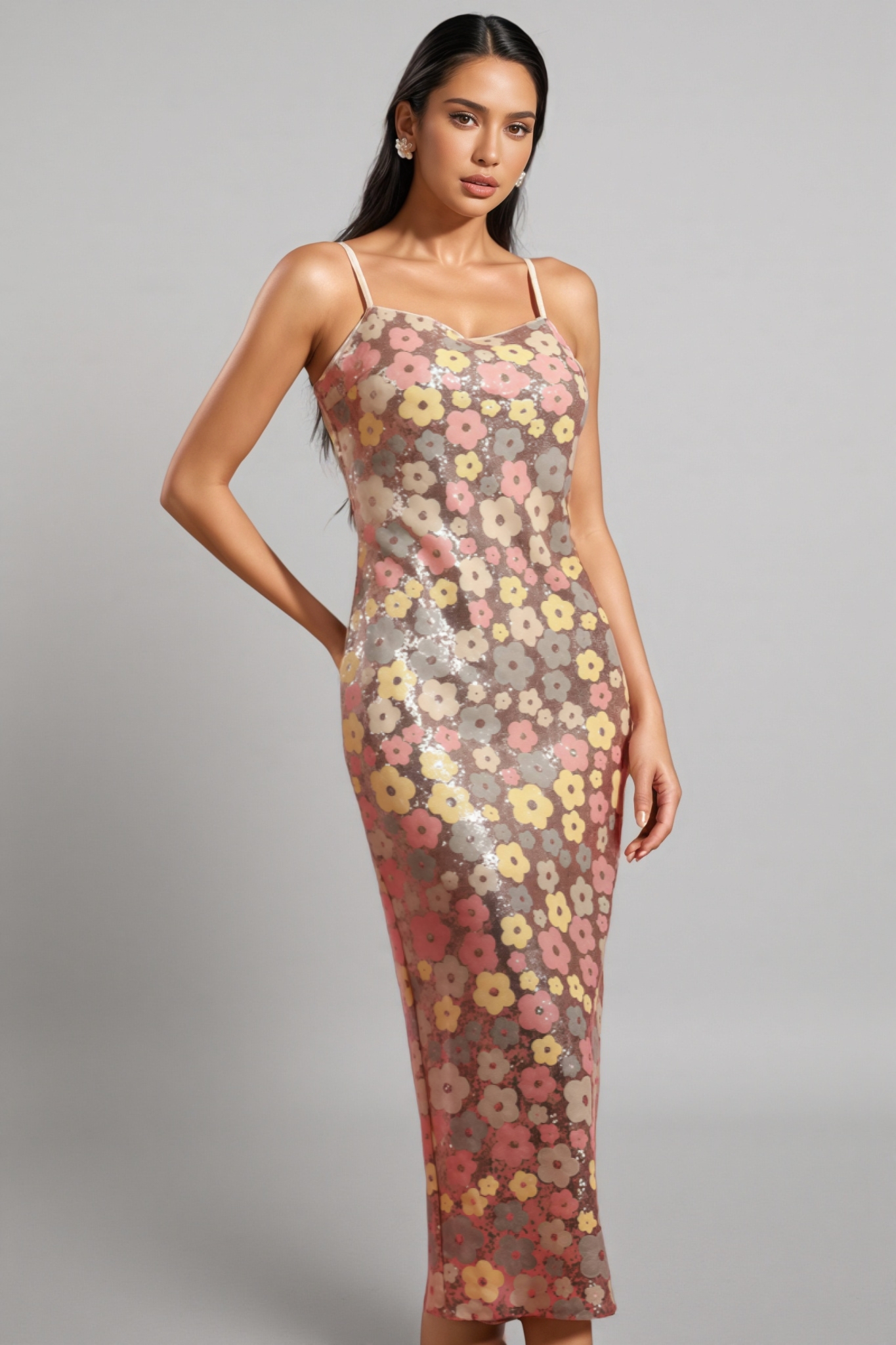 Galdrix Sleeveless Flowers Sequin Maxi Dress