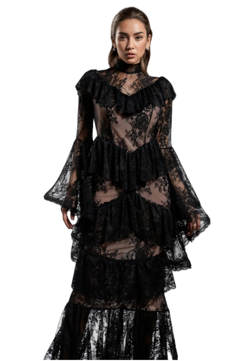Suly Long Sleeves Flounce Lace Maxi Dress