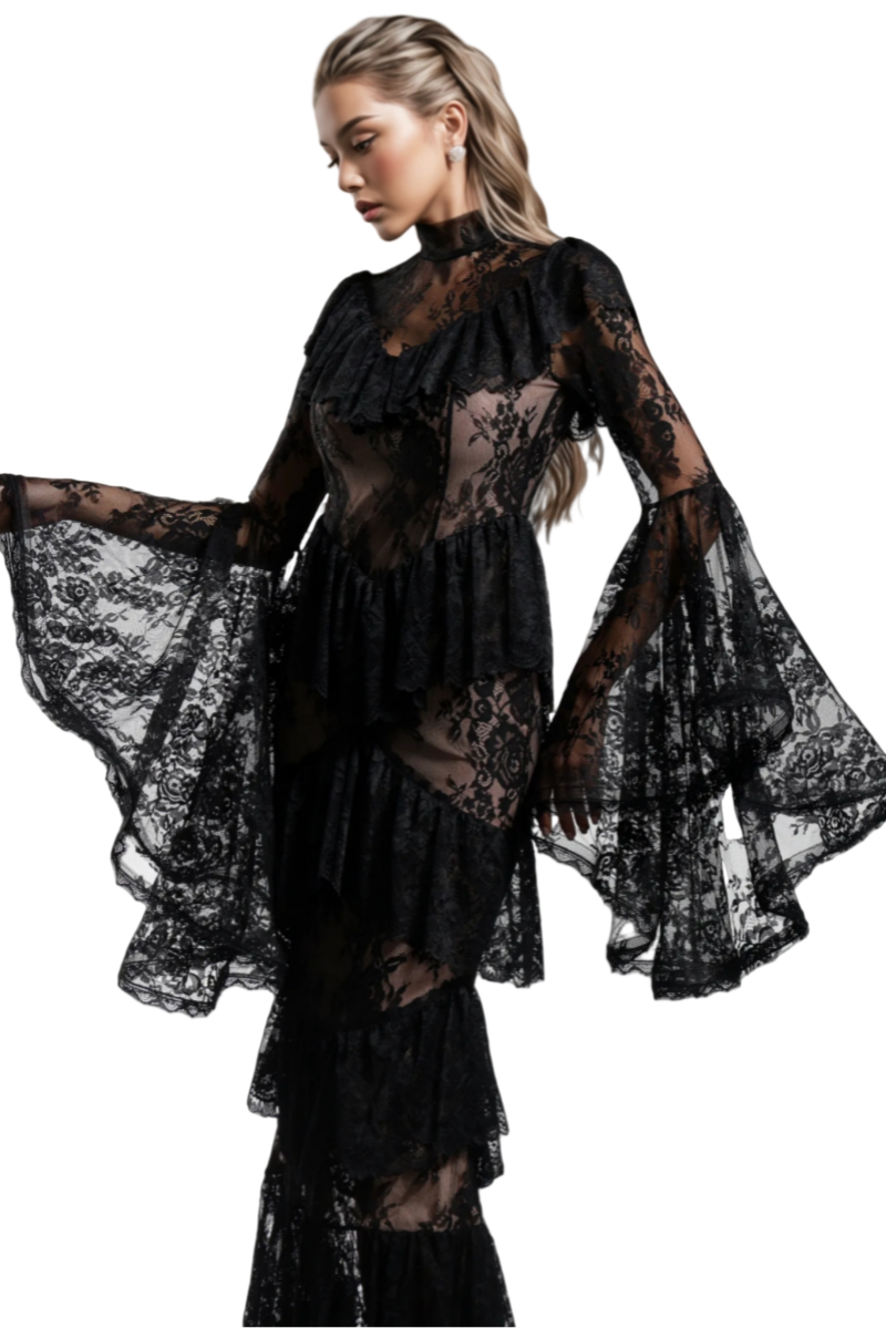 Suly Long Sleeves Flounce Lace Maxi Dress