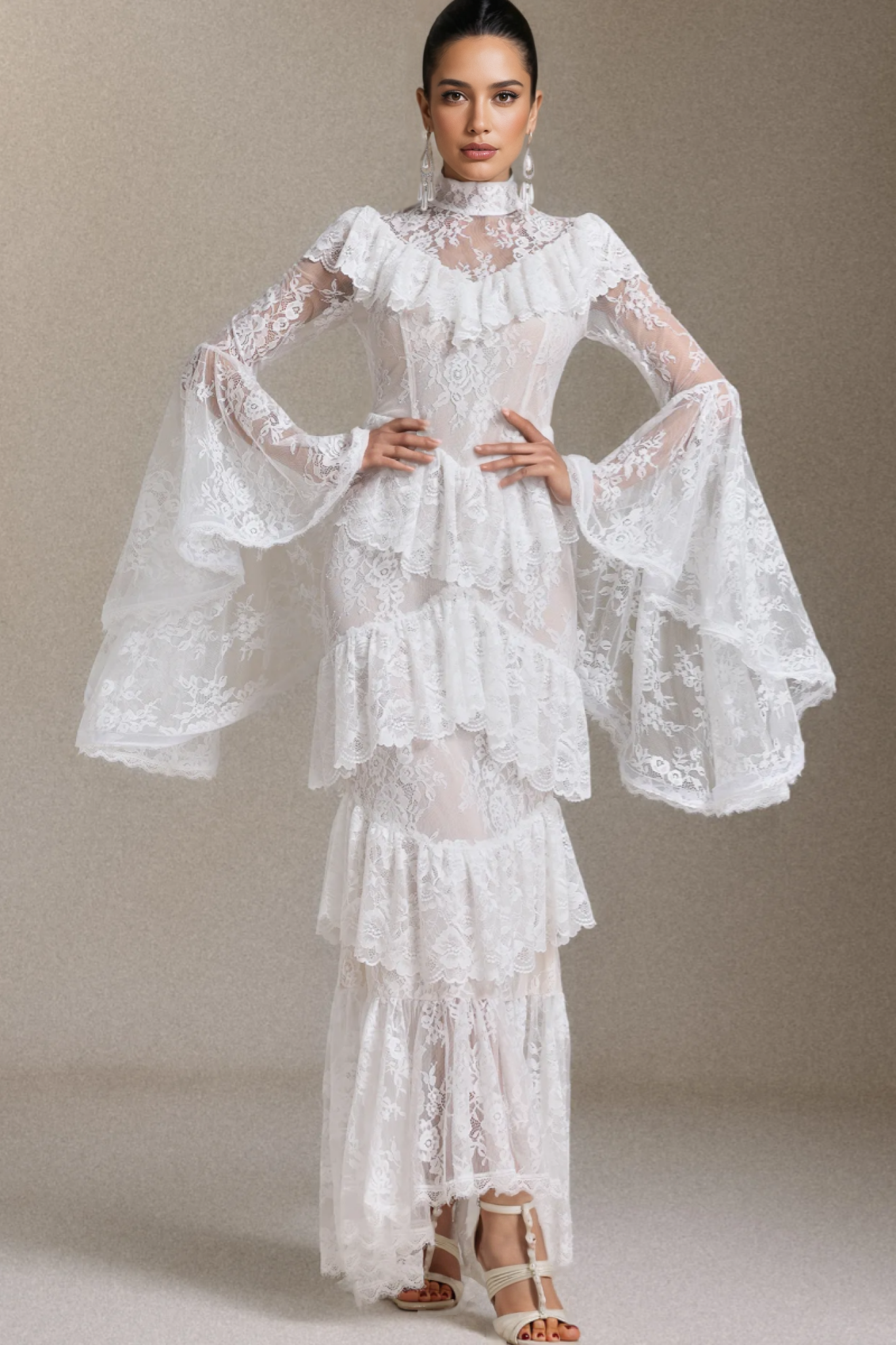 Long-Sleeved Flounce Lace Maxi Dress