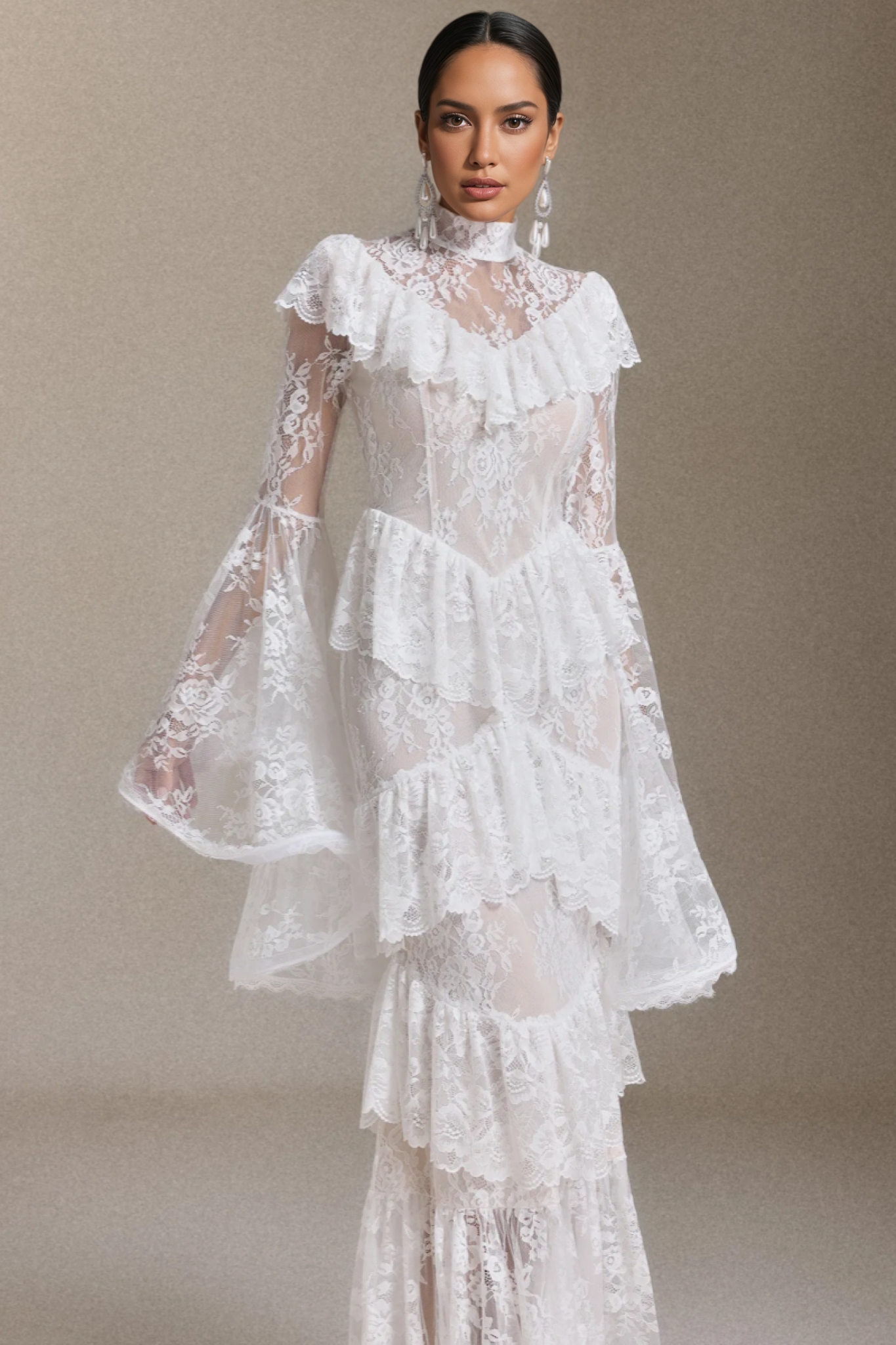 Long-Sleeved Flounce Lace Maxi Dress