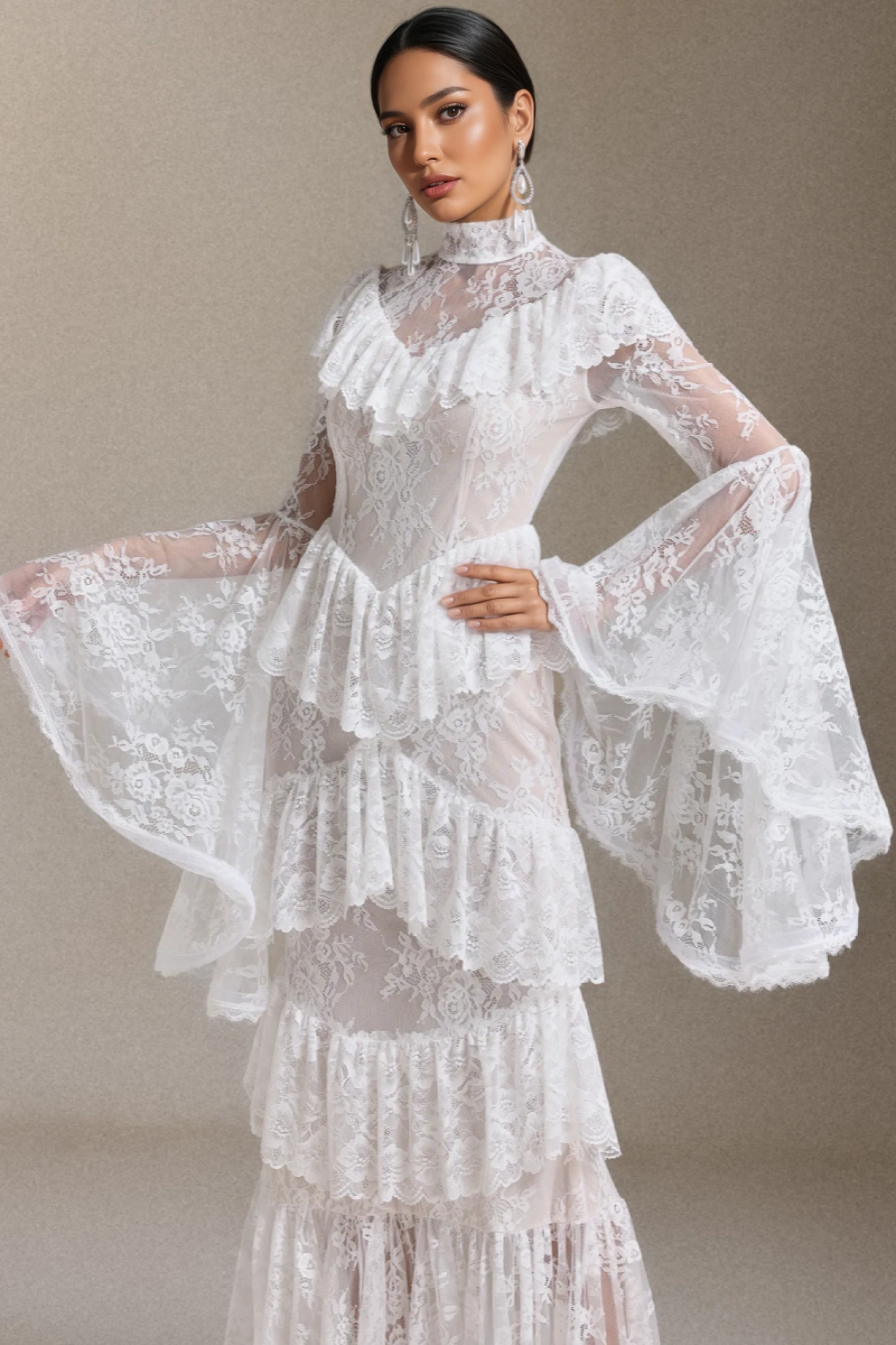 Long-Sleeved Flounce Lace Maxi Dress