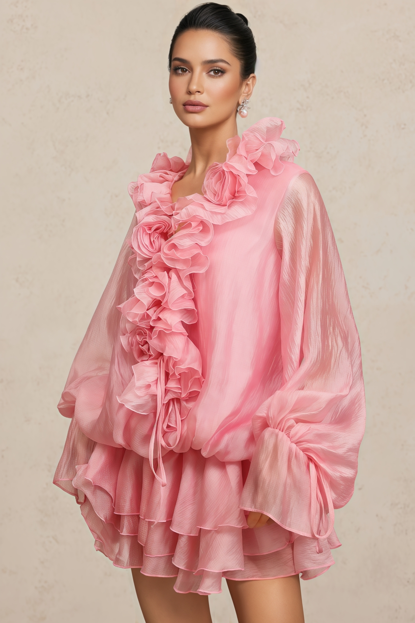 Olsin Long Sleeves Floral Flowers Pink Mini Dress