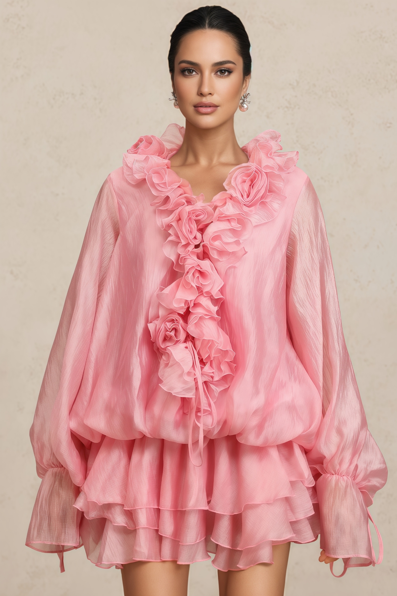 Olsin Long Sleeves Floral Flowers Pink Mini Dress