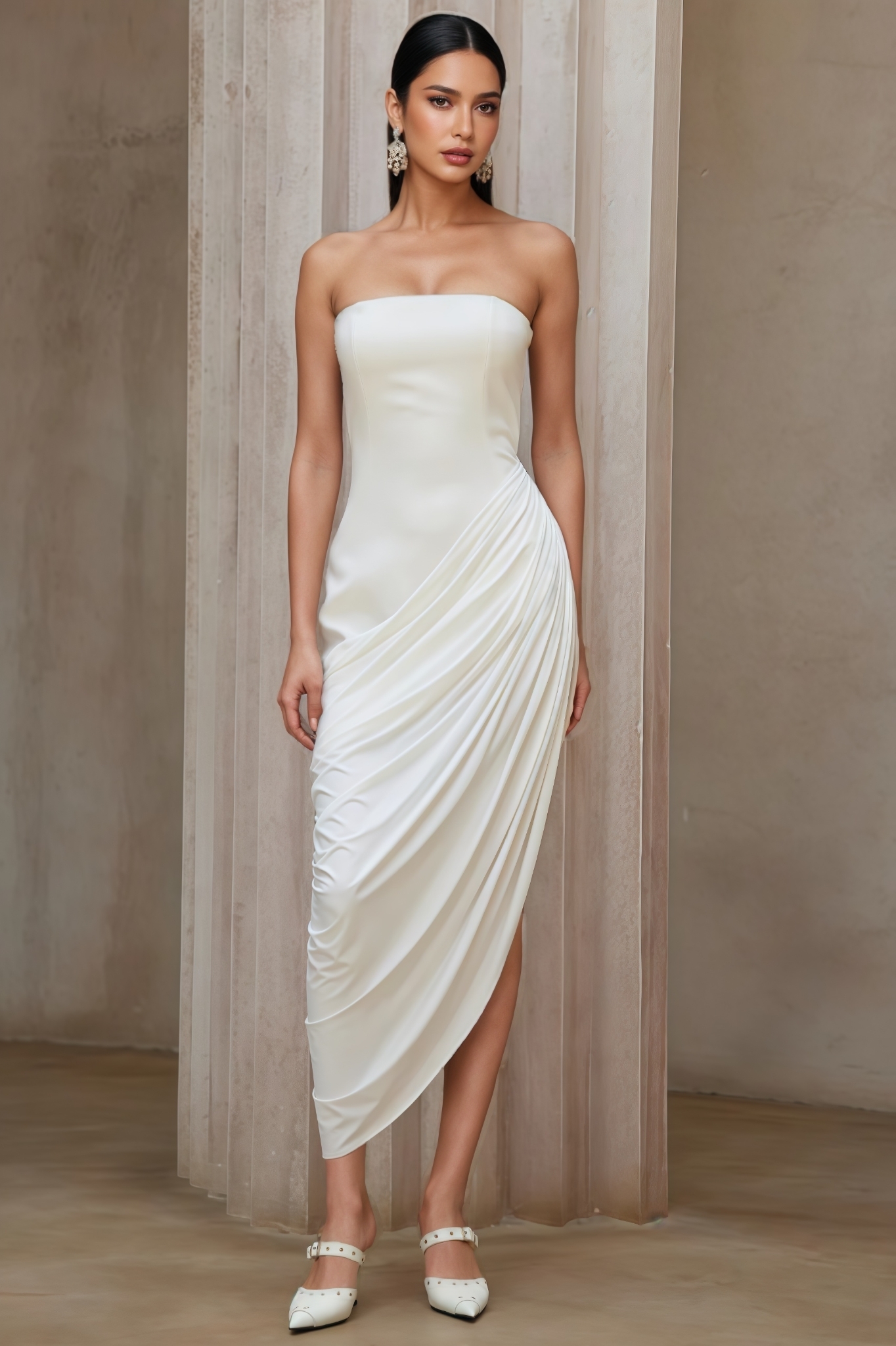 Orenant White Asymmetrical Ruched Midi Dress