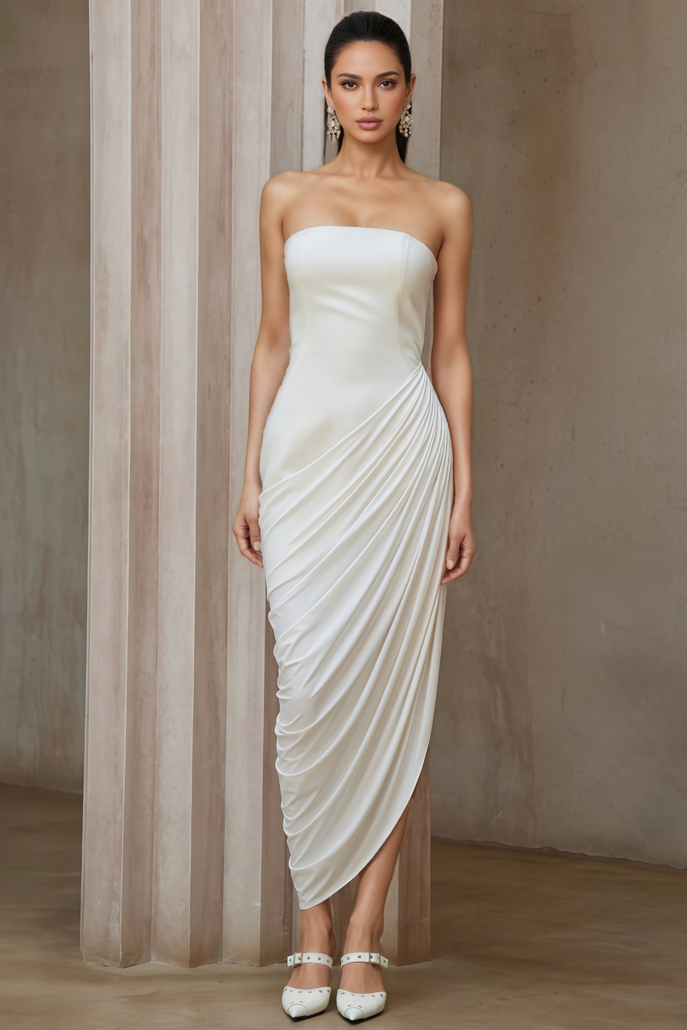 Orenant White Asymmetrical Ruched Midi Dress