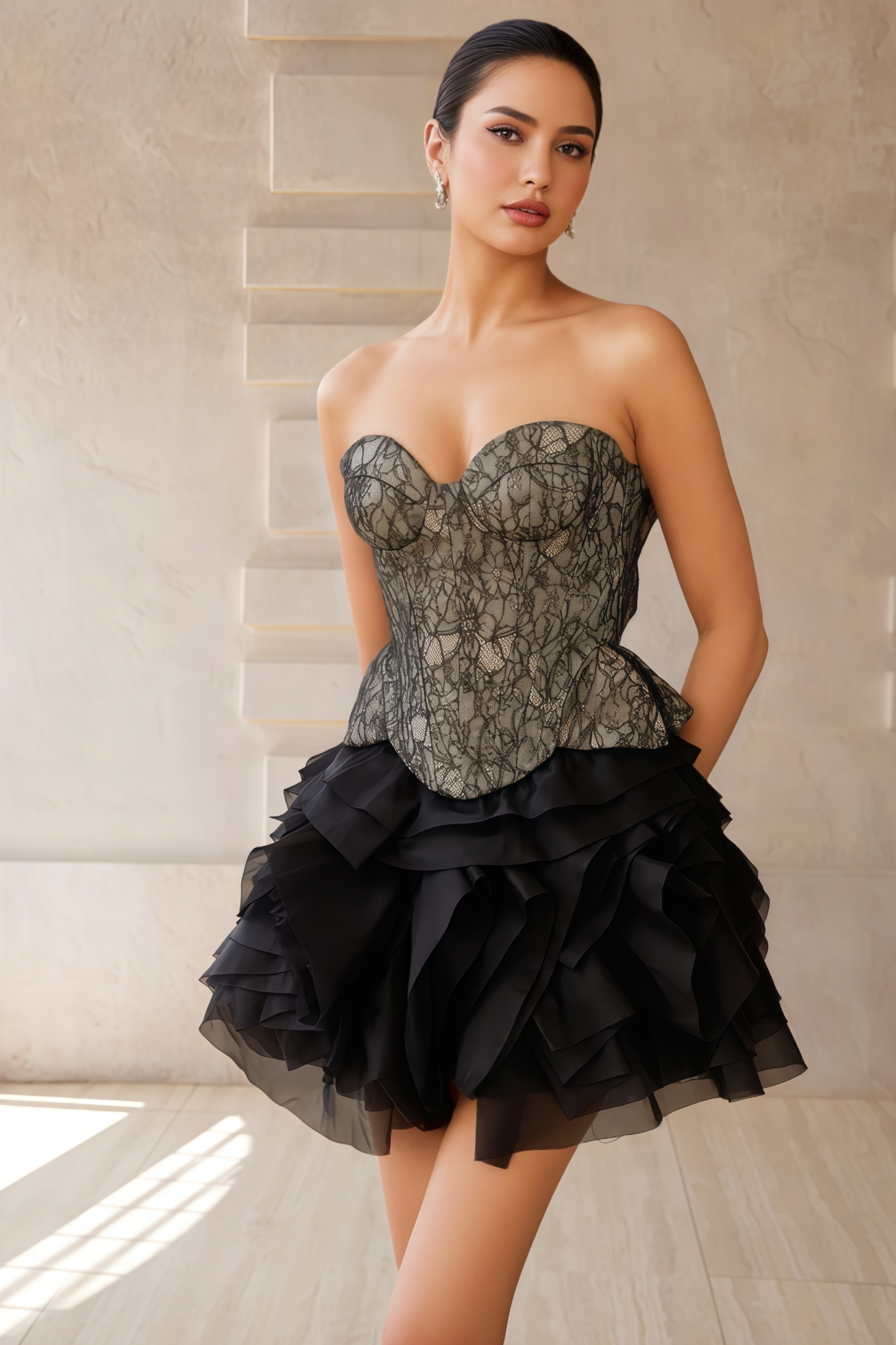 Xanvir Black Lace Top Tiered Mini Dress Set