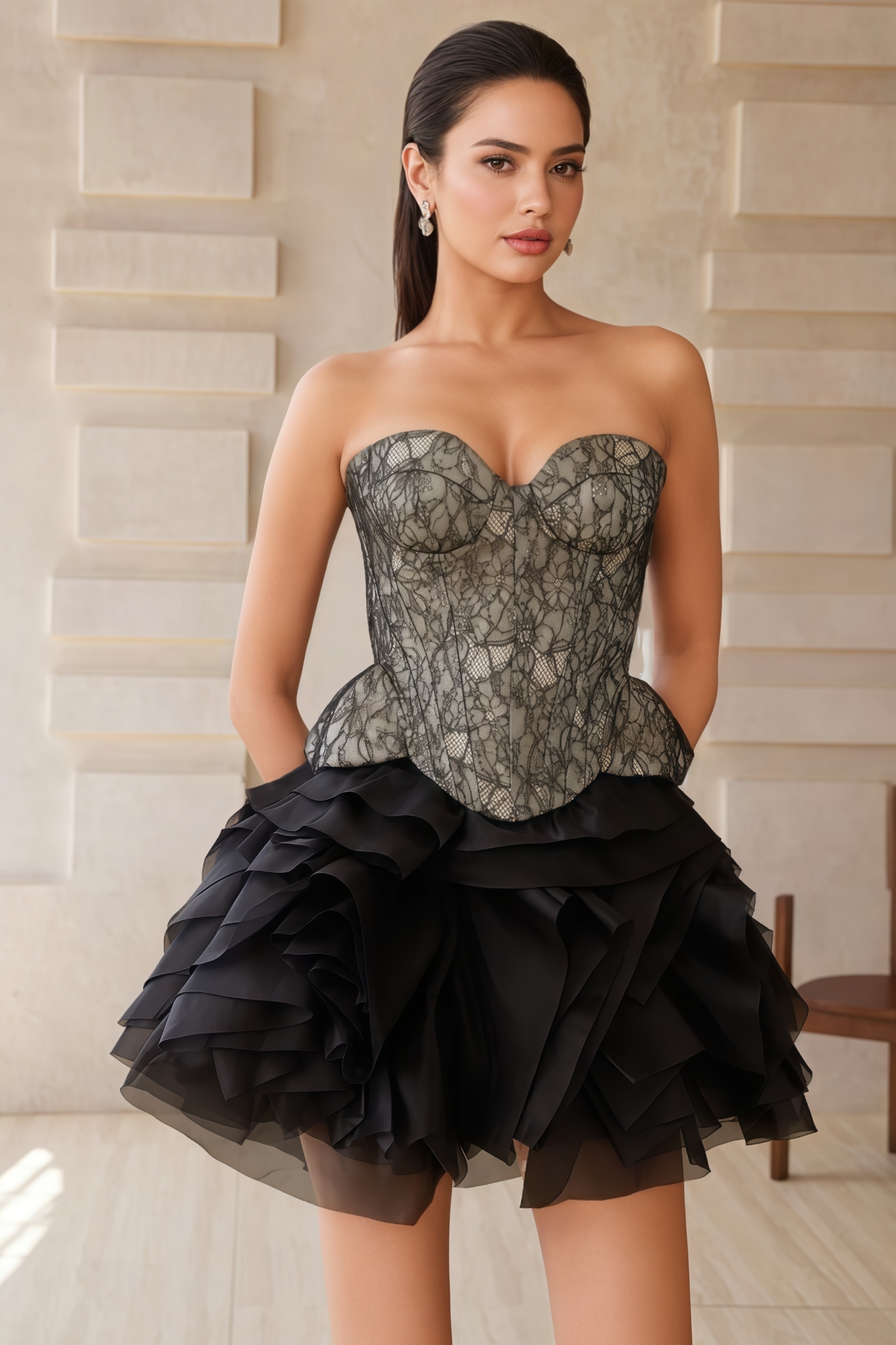Xanvir Black Lace Top Tiered Mini Dress Set