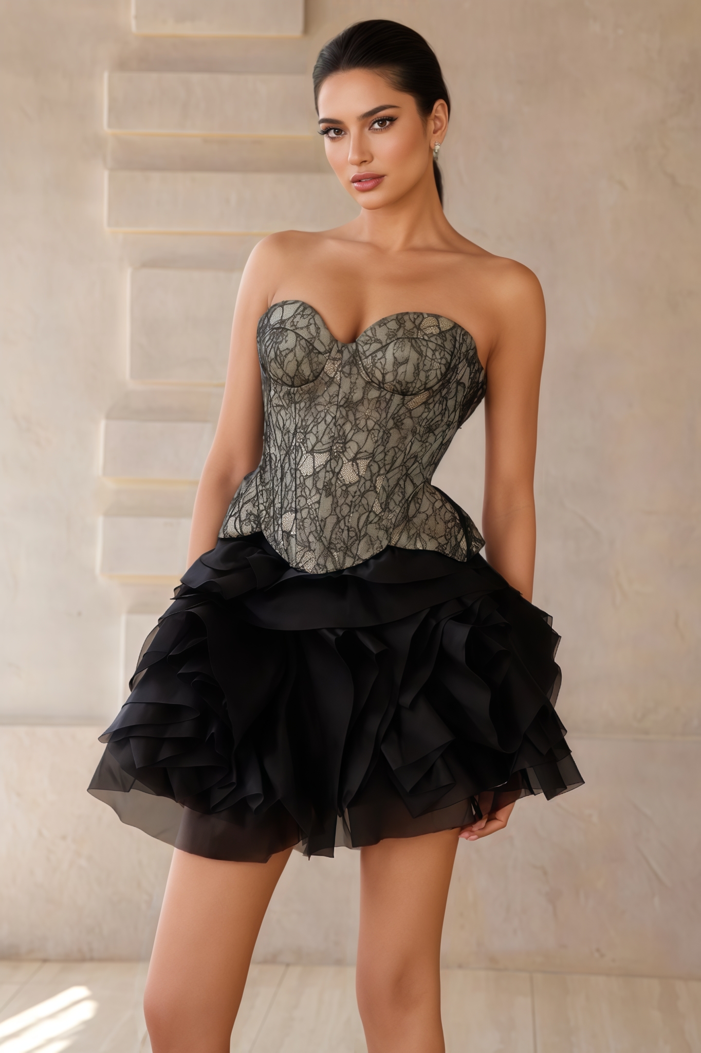 Xanvir Black Lace Top Tiered Mini Dress Set