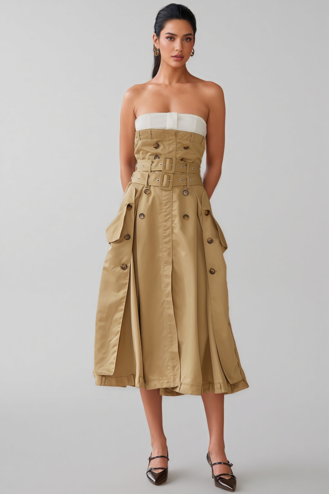 Blaire Khaki Trench Style Midi Dress