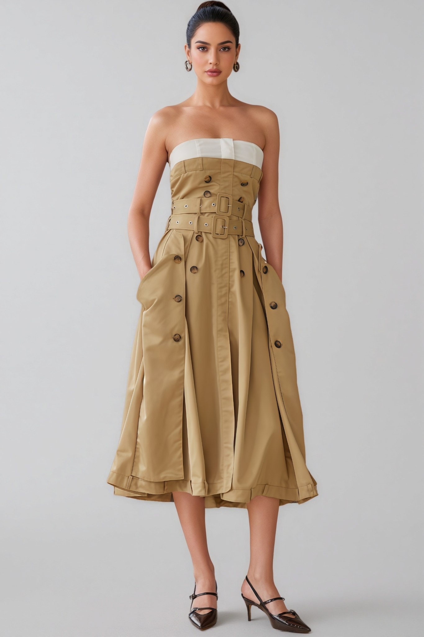 Blaire Khaki Trench Style Midi Dress