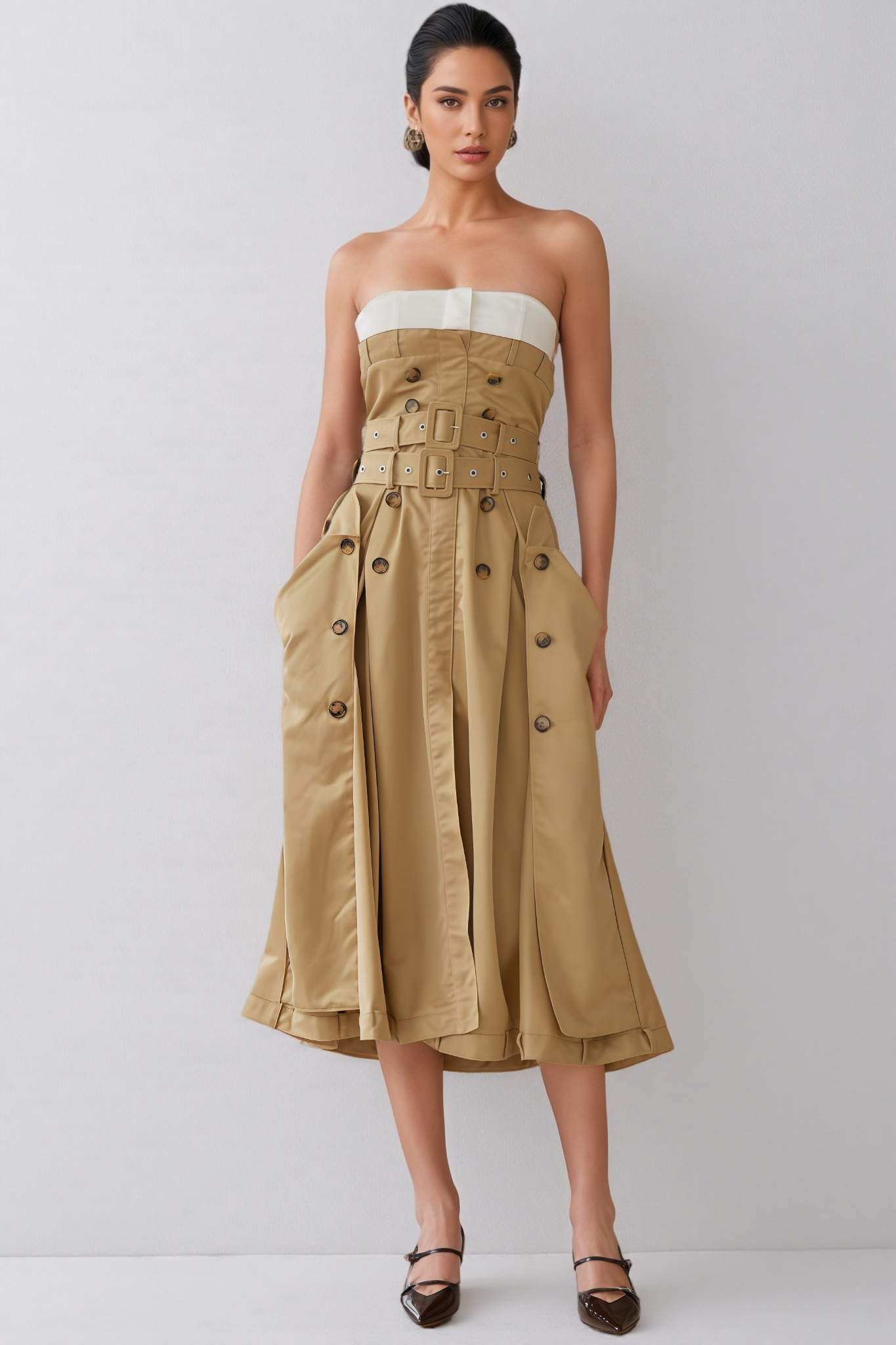 Blaire Khaki Trench Style Midi Dress