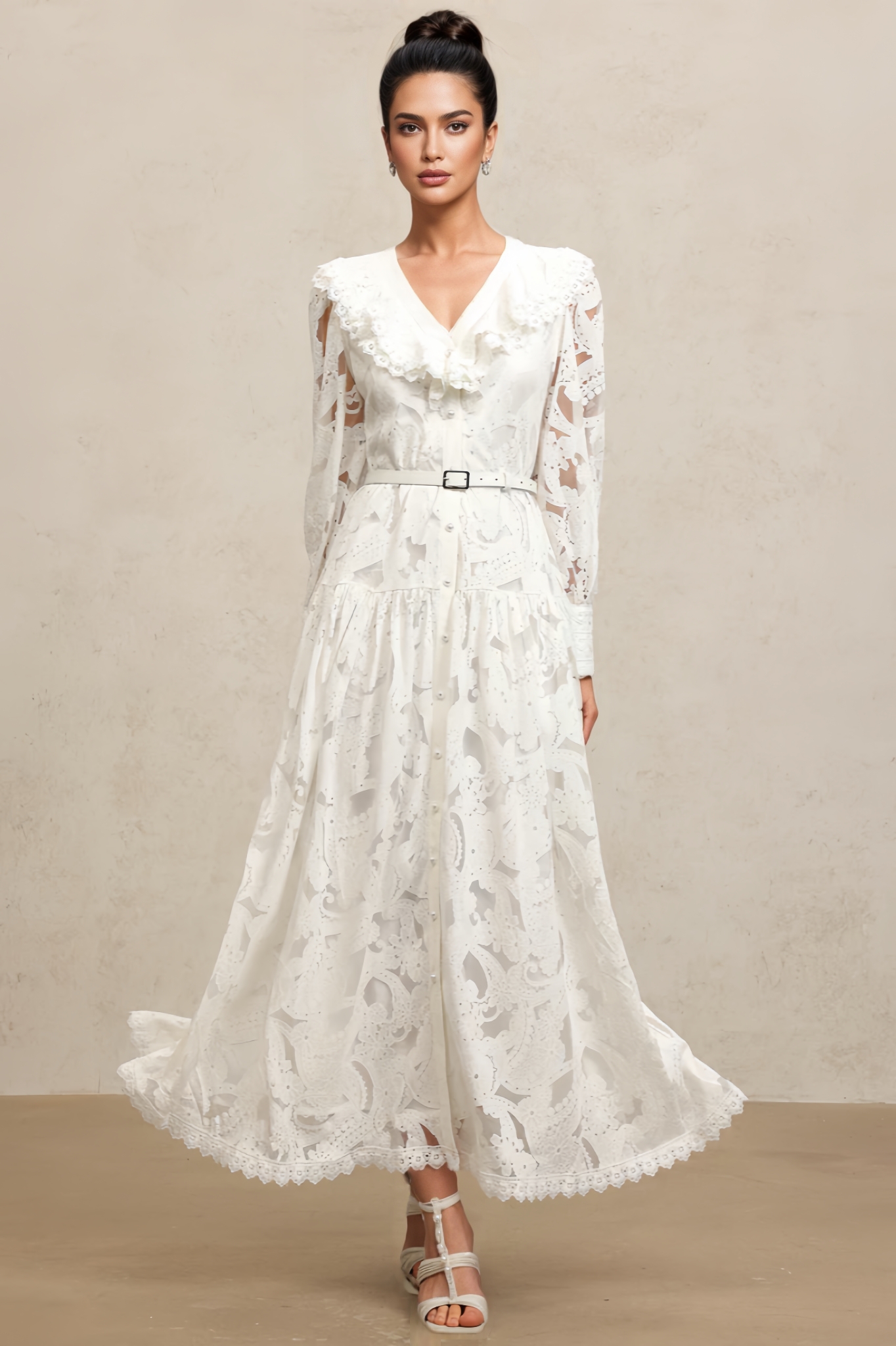 Phaelrx V Neck Long Sleeves Lace Folds Maxi Dress